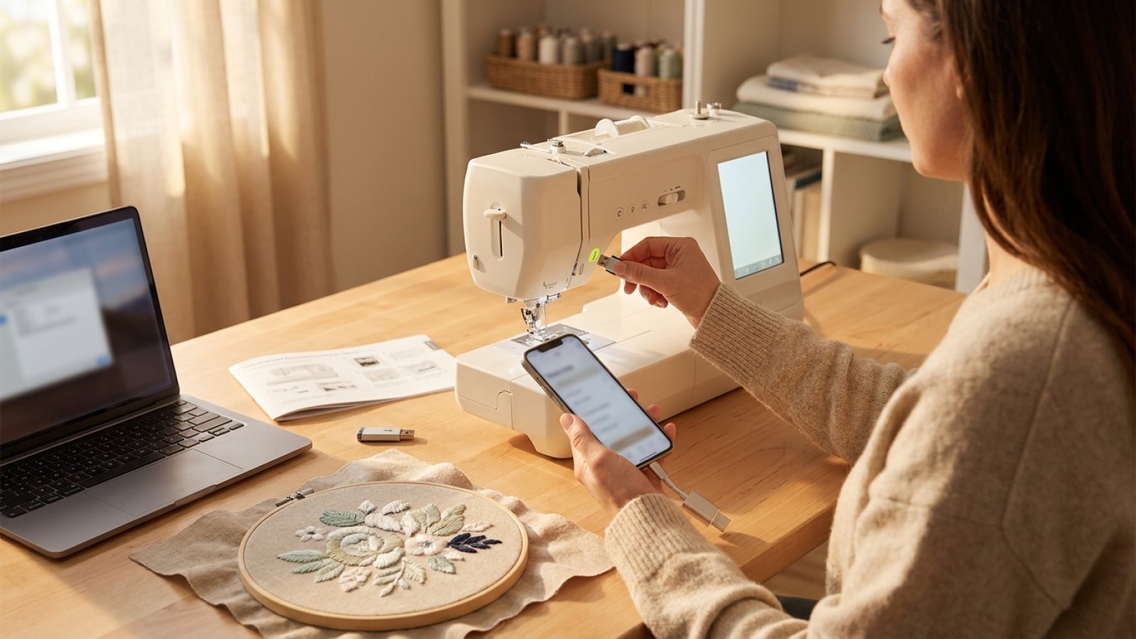How to put the embroidery design files onto the embroidery machine from phone, laptop or usb