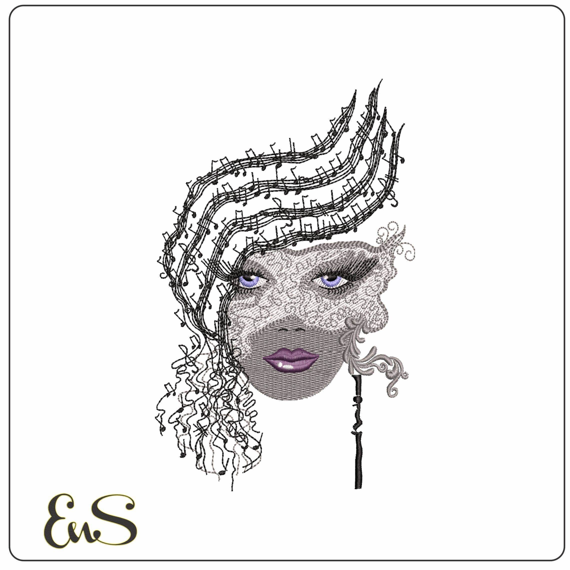 Elegant Lady Black and Silver Music notes Mask - Elegant embroidery design file - instant download