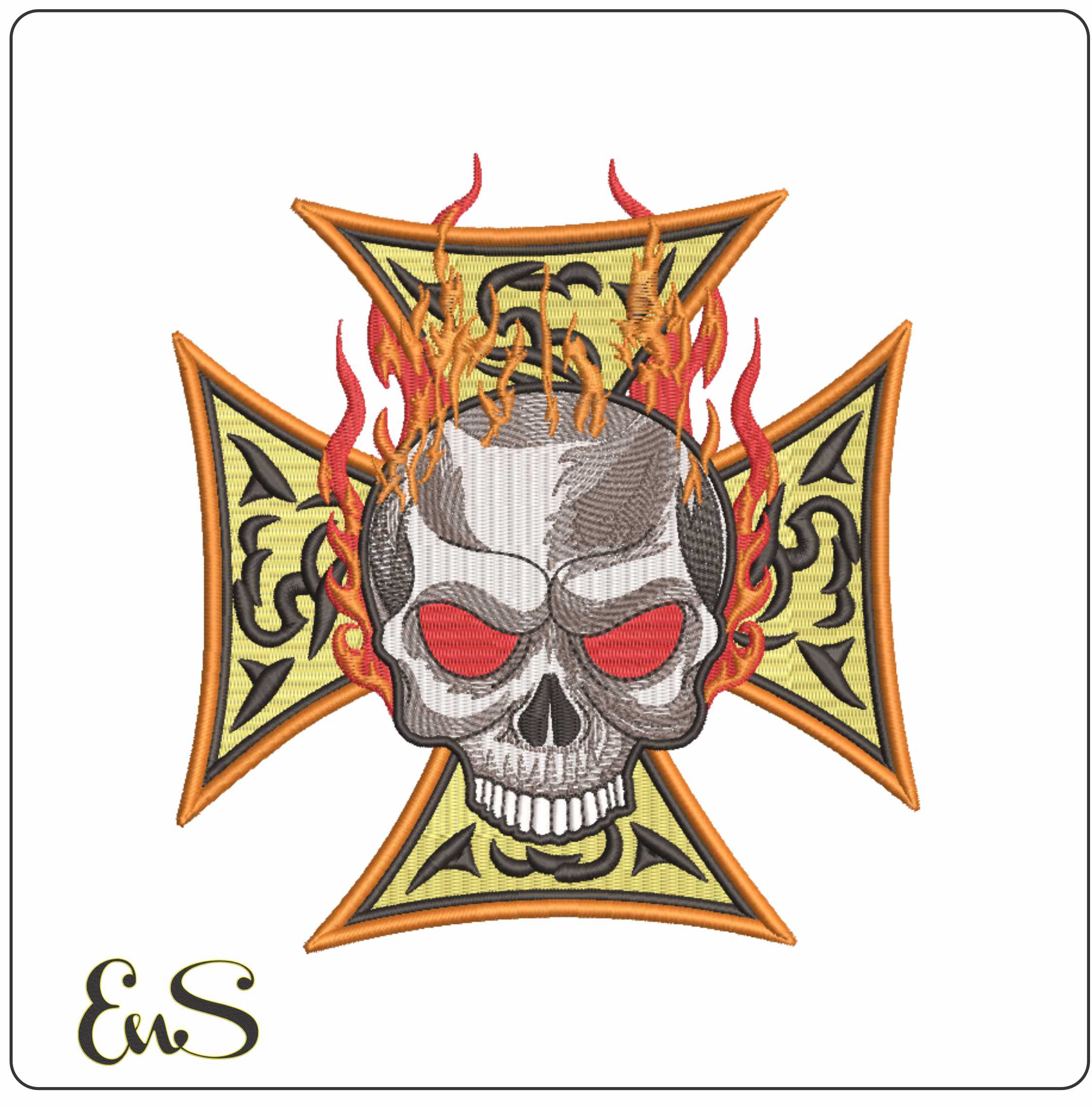 Flaming Skull in Cross - Elegant embroidery design file - instant download