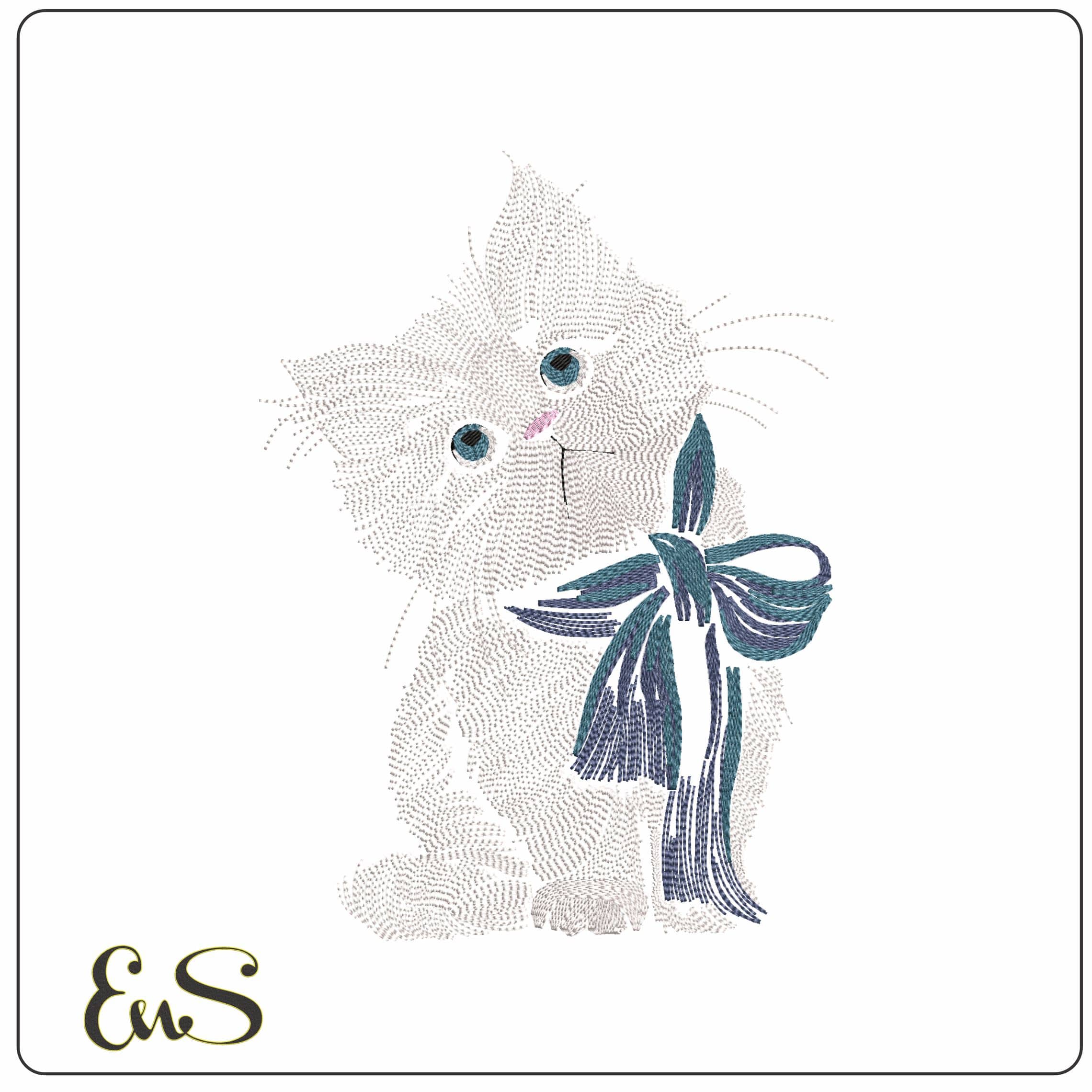 Fluffy Cat with Bow  - Elegant embroidery design file - instant download
