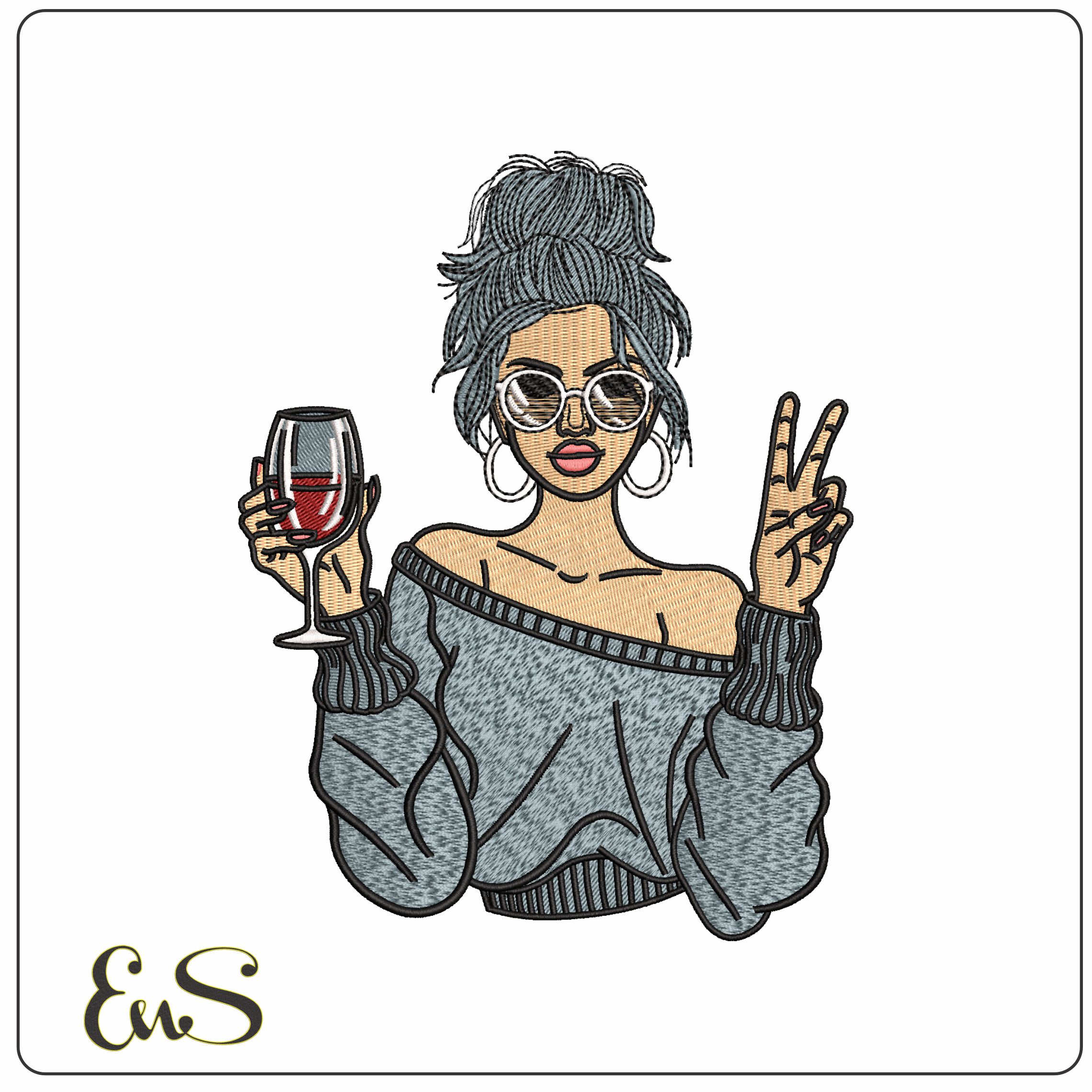 Girl Salute with Red wine - Elegant embroidery design file - instant download