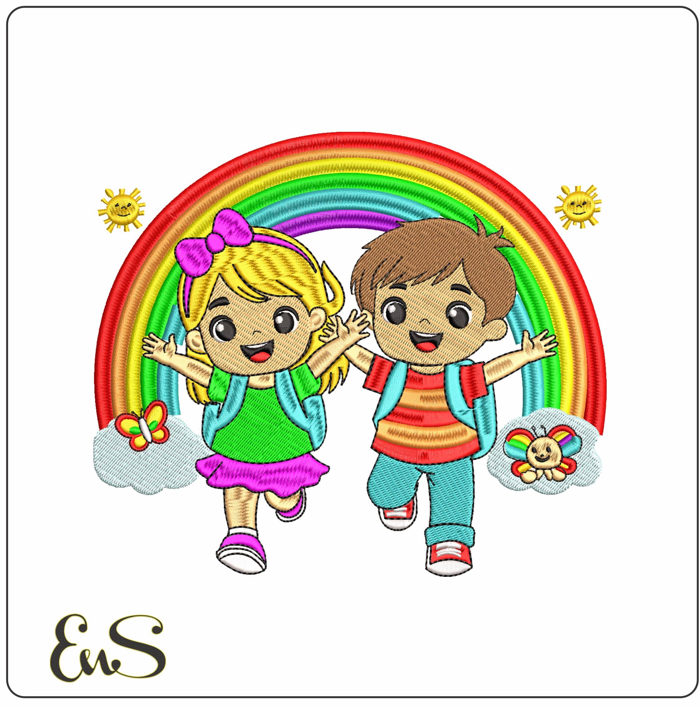 Kid and Rainbow - Elegant embroidery design file - instant download