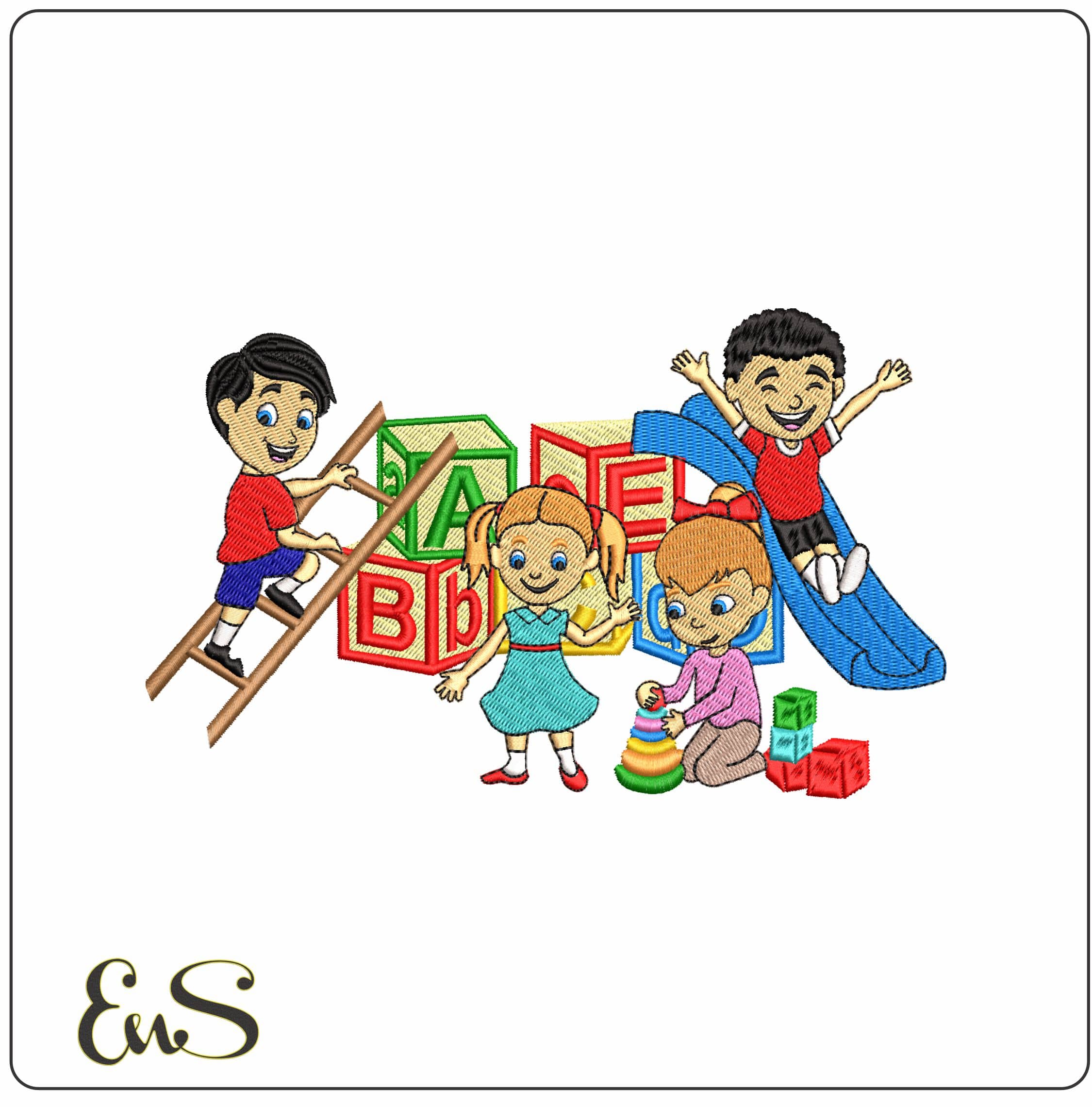 Kindergarten Children Playing - Elegant embroidery design file - instant download