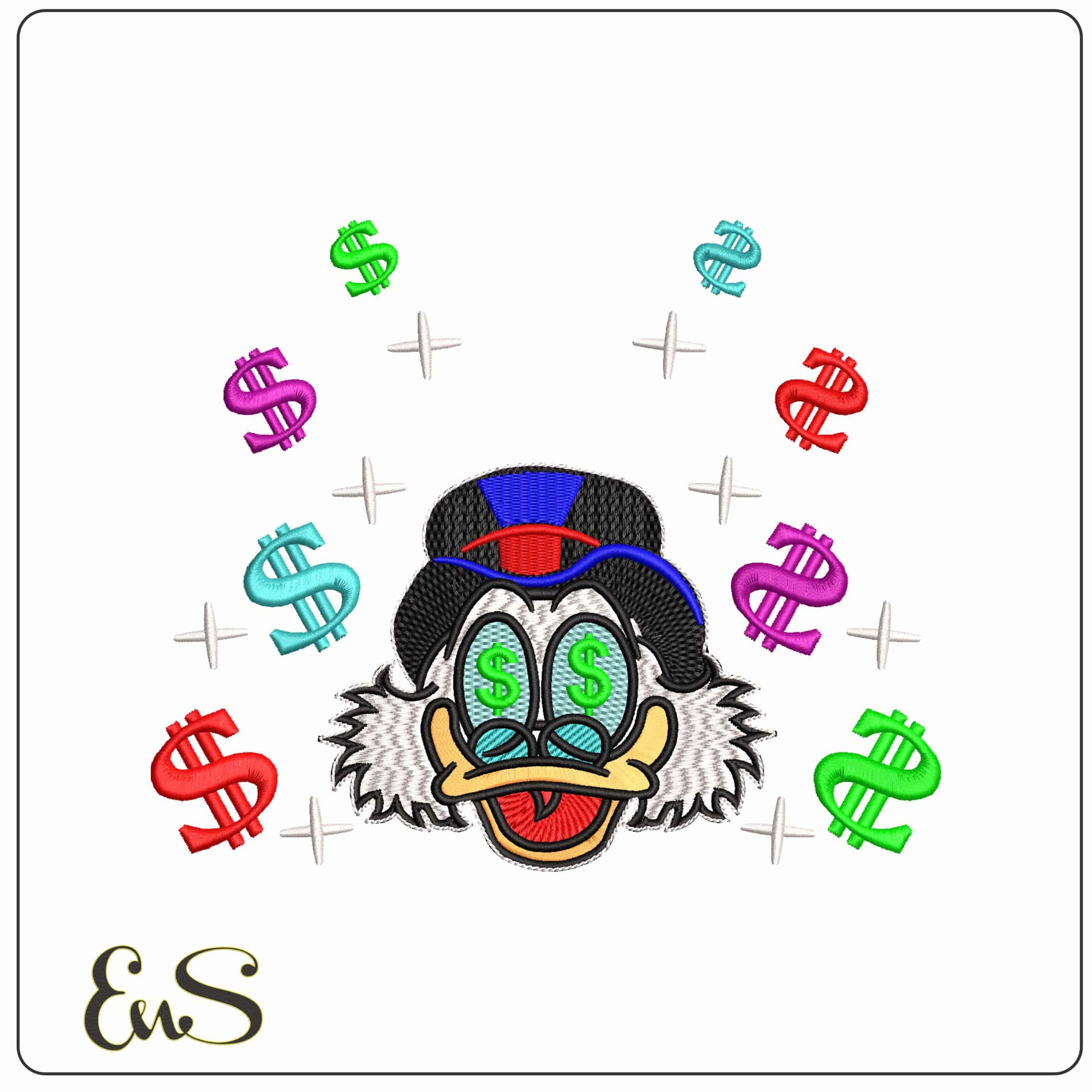 Money Maker Scrooge with Dollars  - Elegant embroidery design file - instant download