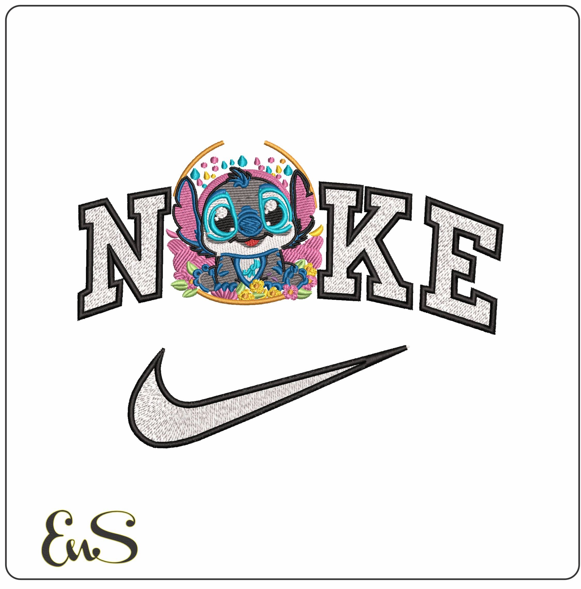 Nike Baby Stitch sitting flowers - Elegant embroidery design file - instant download