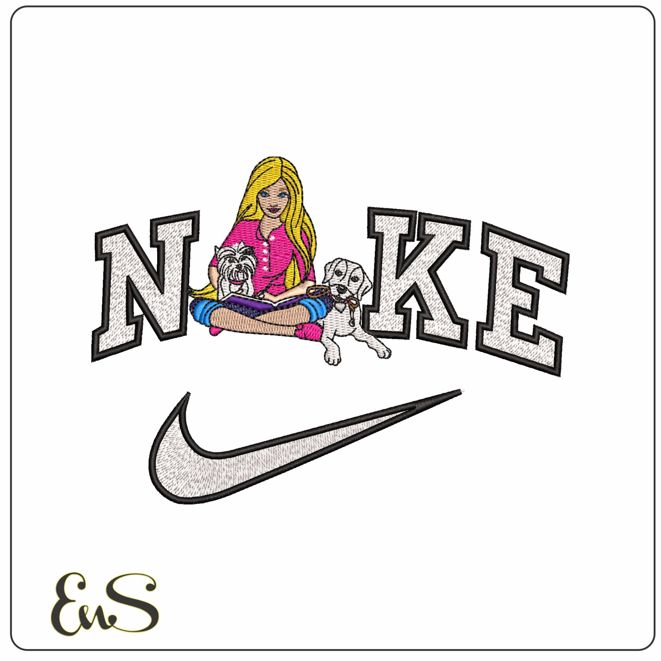 Nike Barbie Sitting with 2 dogs - Elegant embroidery design file - instant download