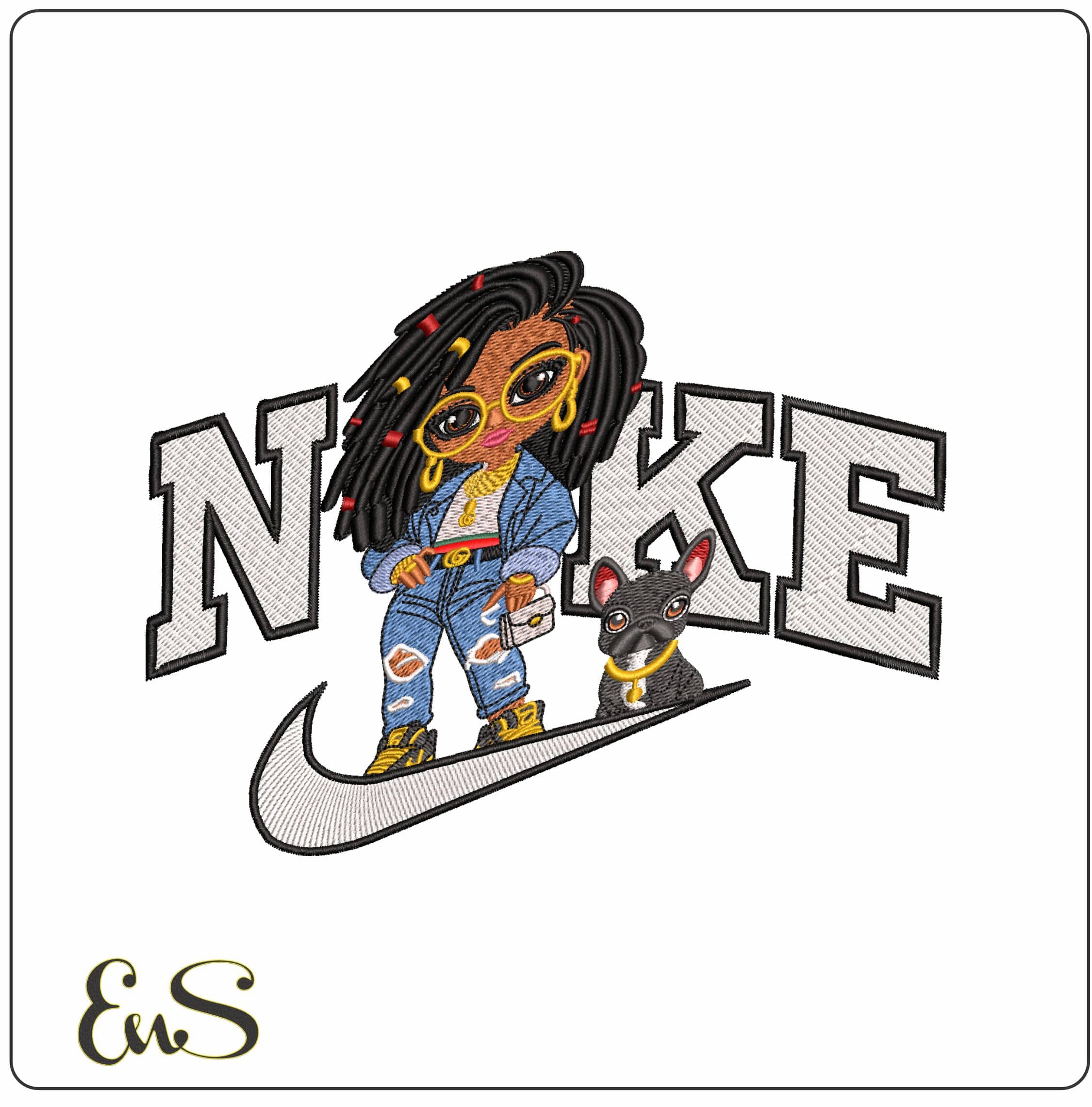 Nike Black Girl with Braids and Bulldog  - Elegant embroidery design file - instant download