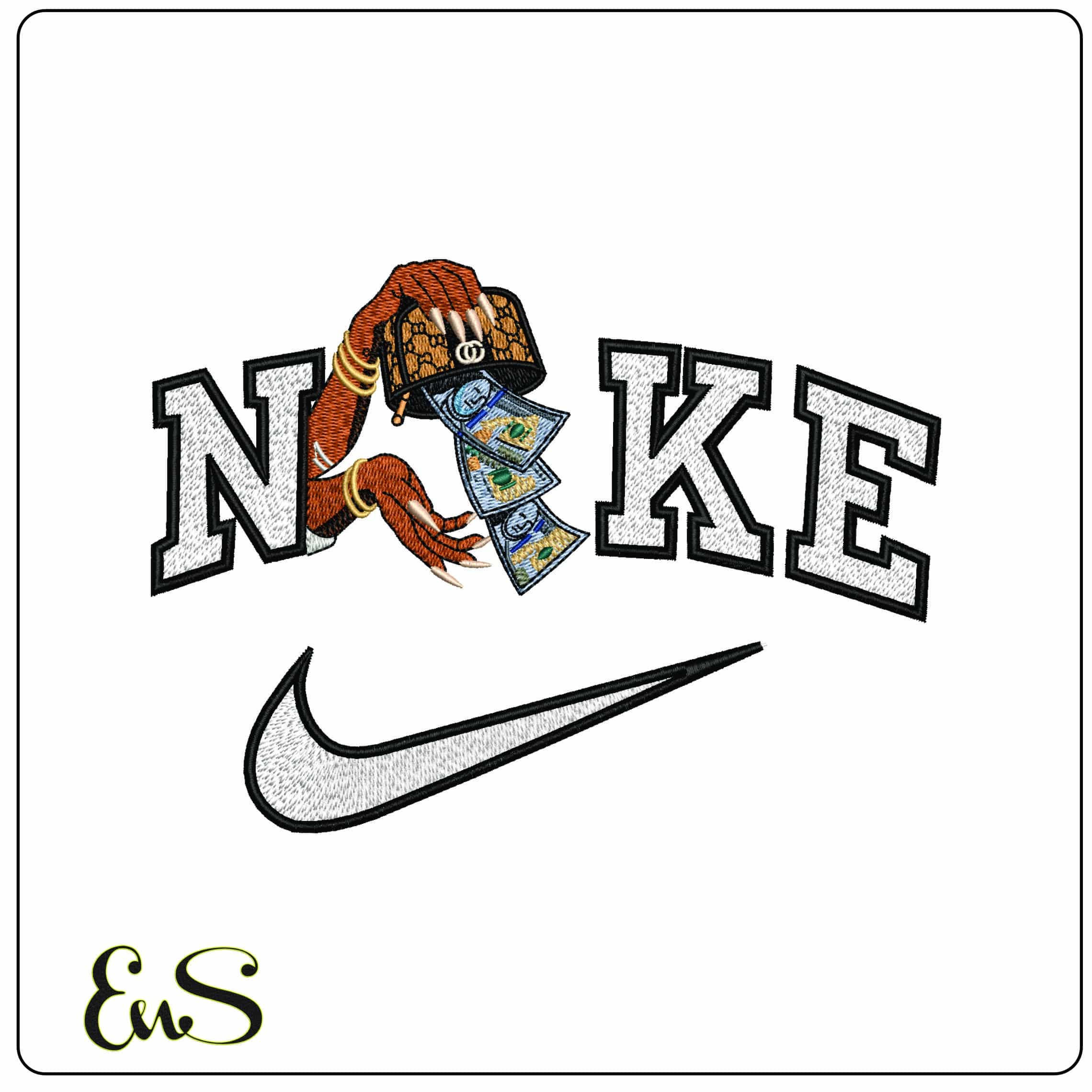 Nike Hand with Gucci Purse - Elegant embroidery design file-instant download