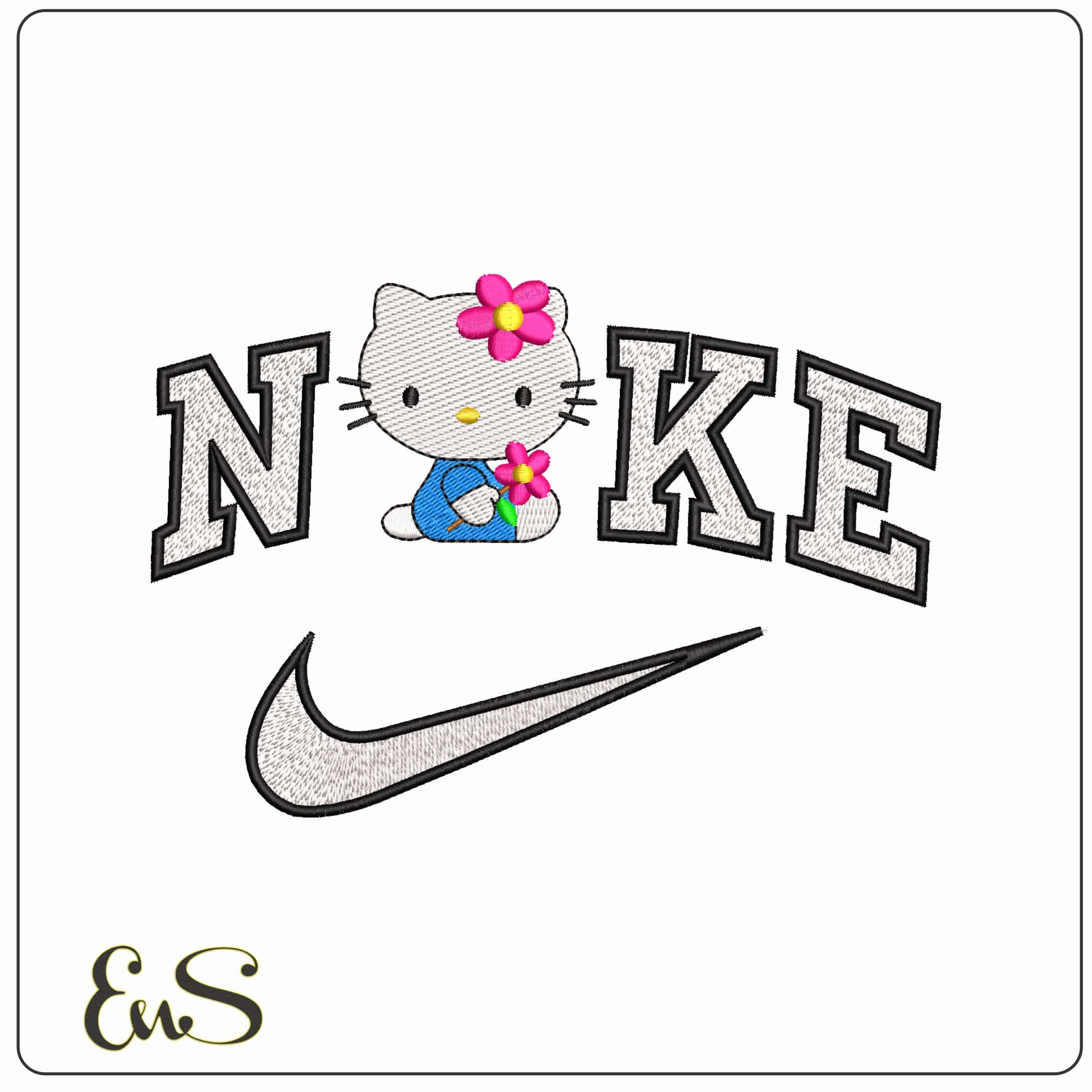 Nike Hello Kitty sitting down with Flower - Elegant embroidery design file-instant download