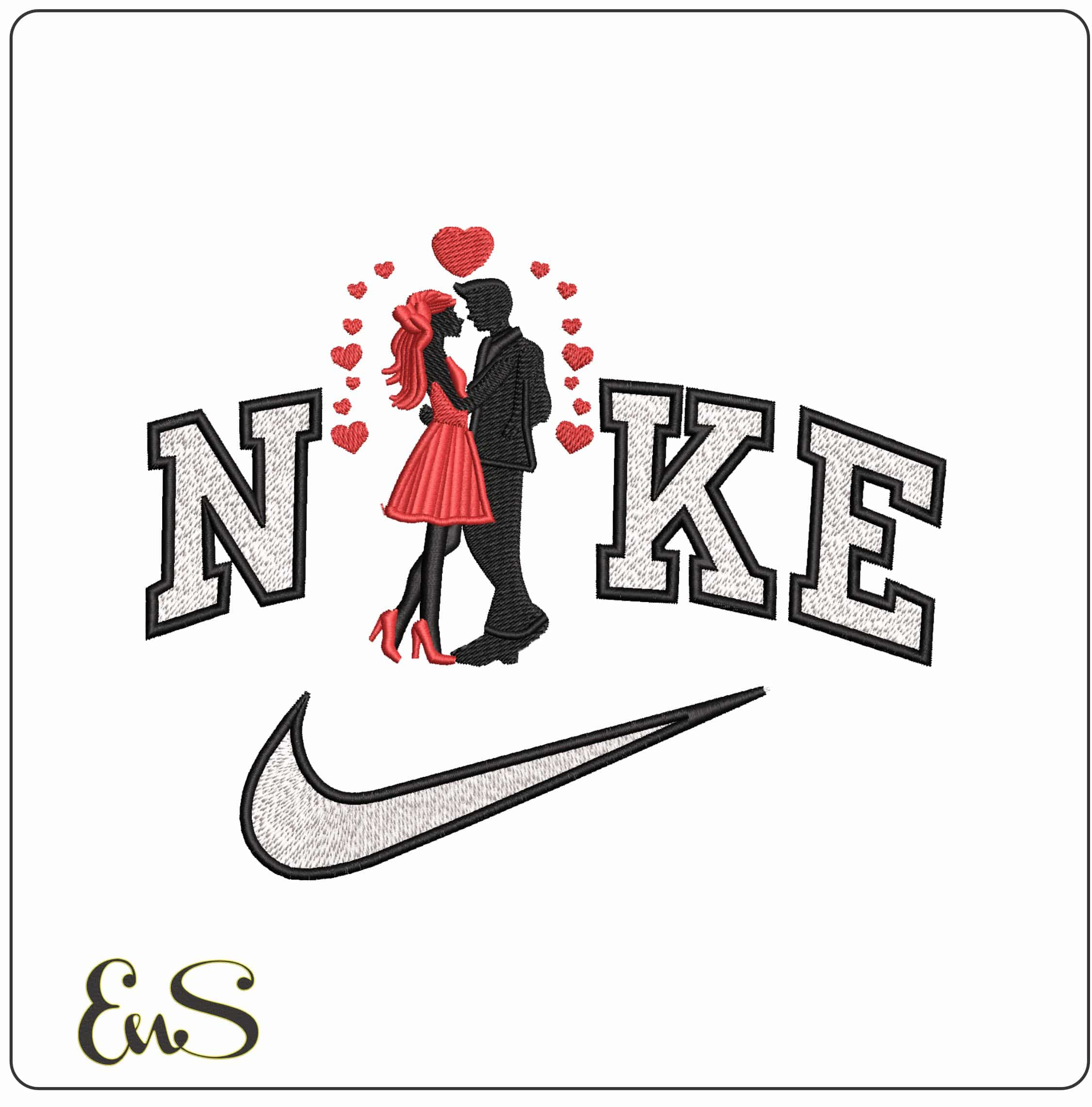 Nike Valentine Couple with Hearts - Elegant embroidery design file-instant download