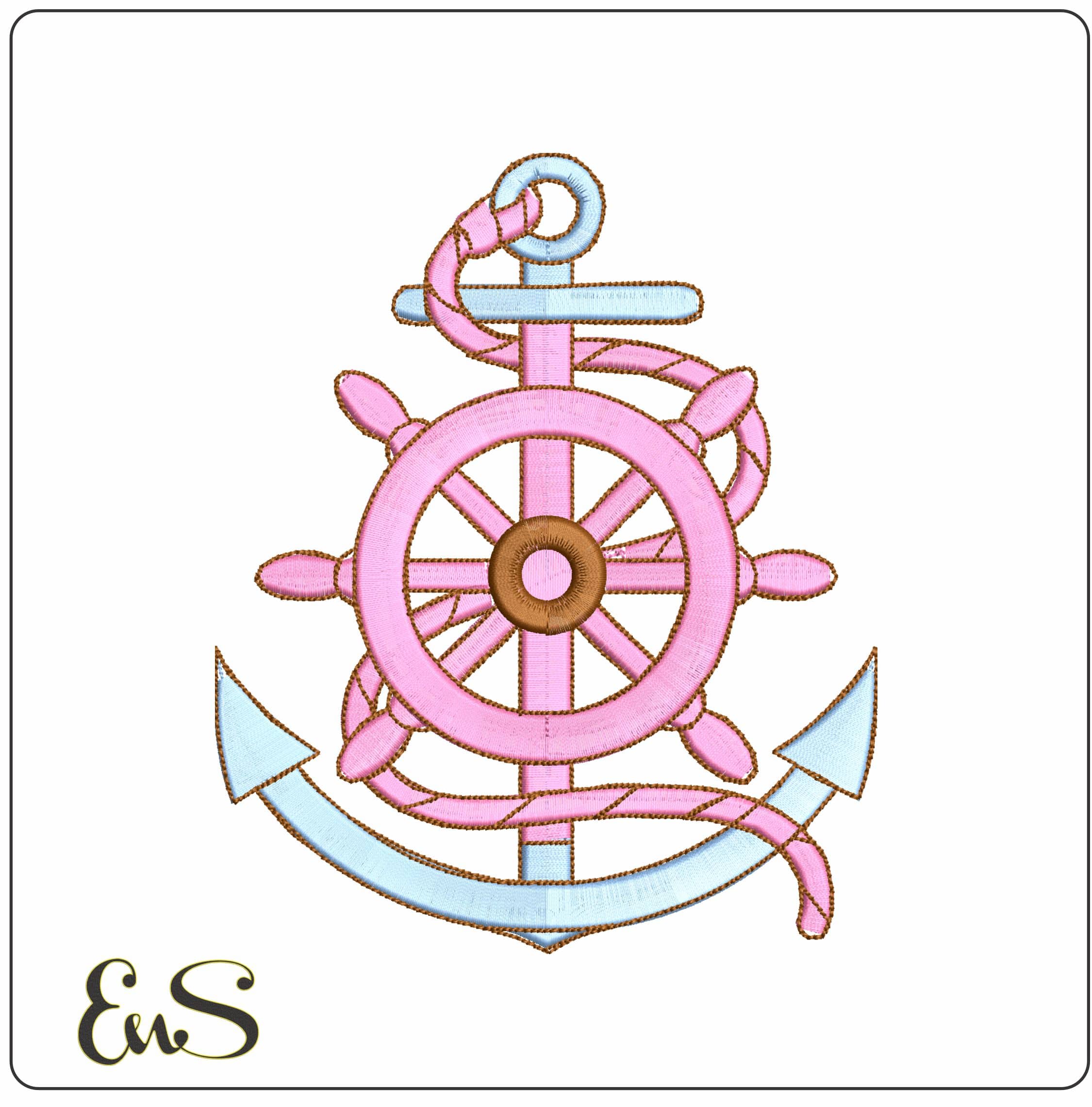 Pink and Blue Anchor Rope and Ships Helm - Elegant embroidery design file-instant download