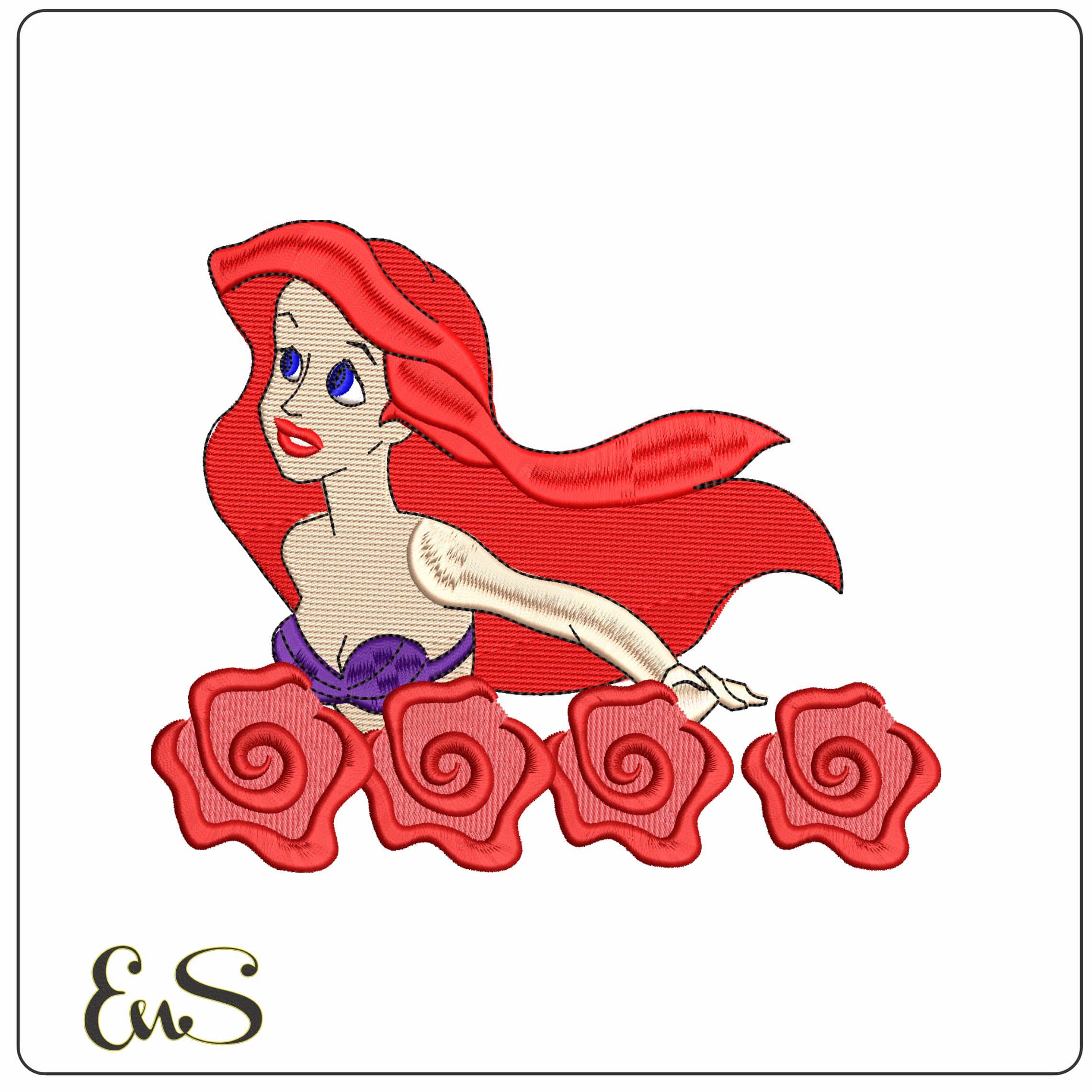 Princess Ariel with Flowers The Little Mermaid Disney   - Elegant embroidery design file-instant download