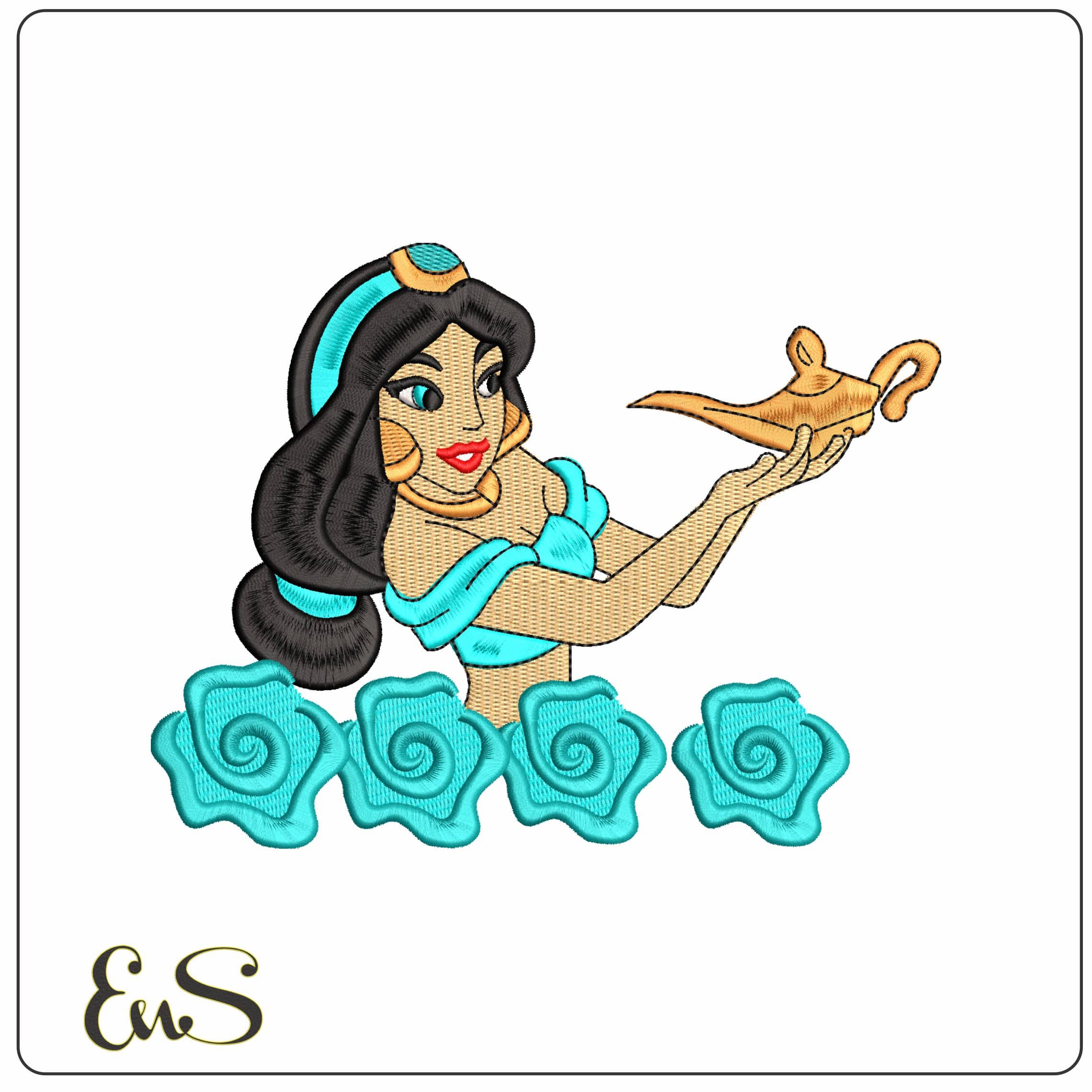 Princess Jasmin with the Lamp with Flowers Aladin Disney   - Elegant embroidery design file-instant download