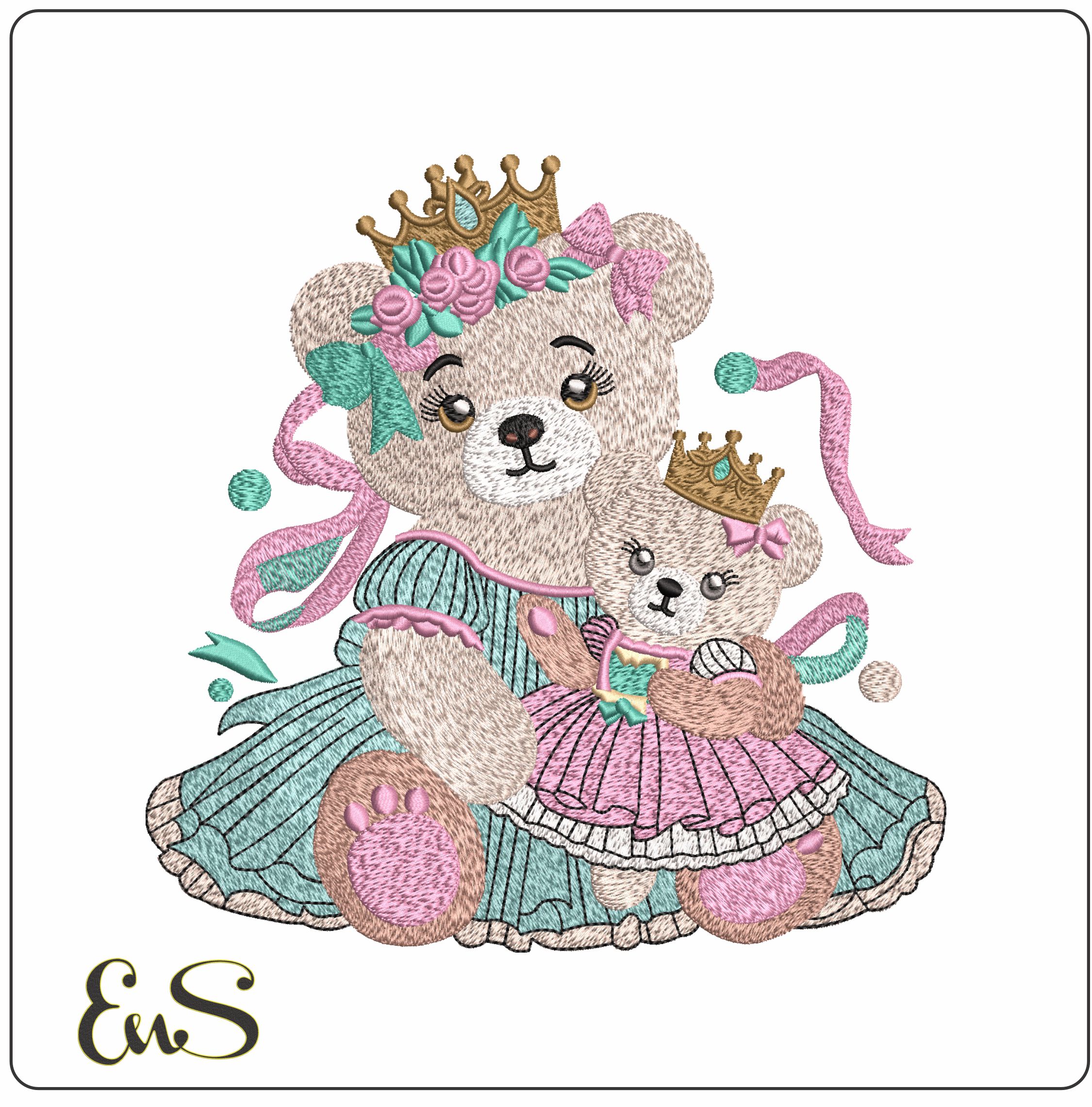 Queen and Princess Teddy Bear   - Elegant embroidery design file-instant download
