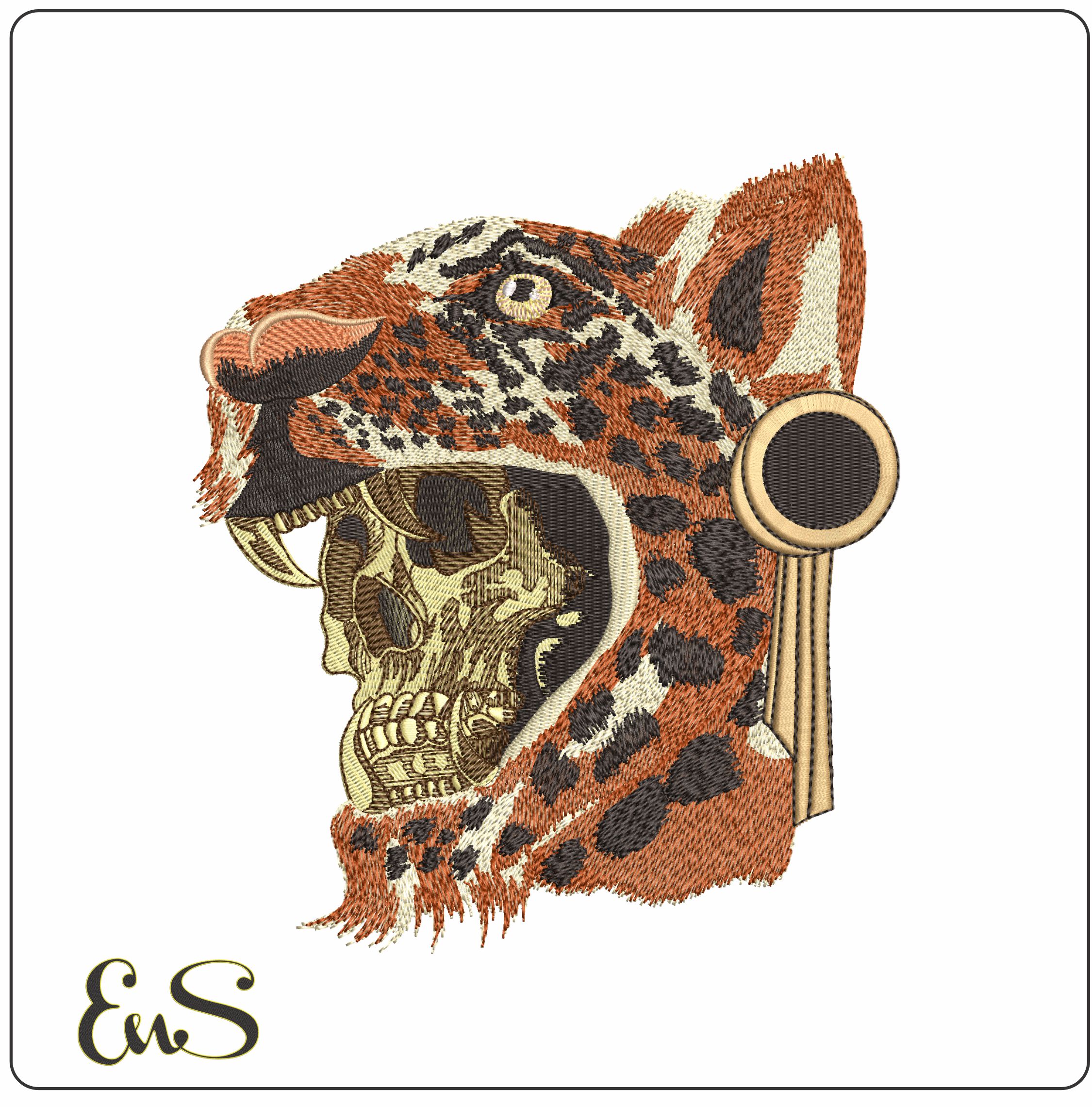 Skull with Leopard Headdress - Elegant embroidery design file-instant download