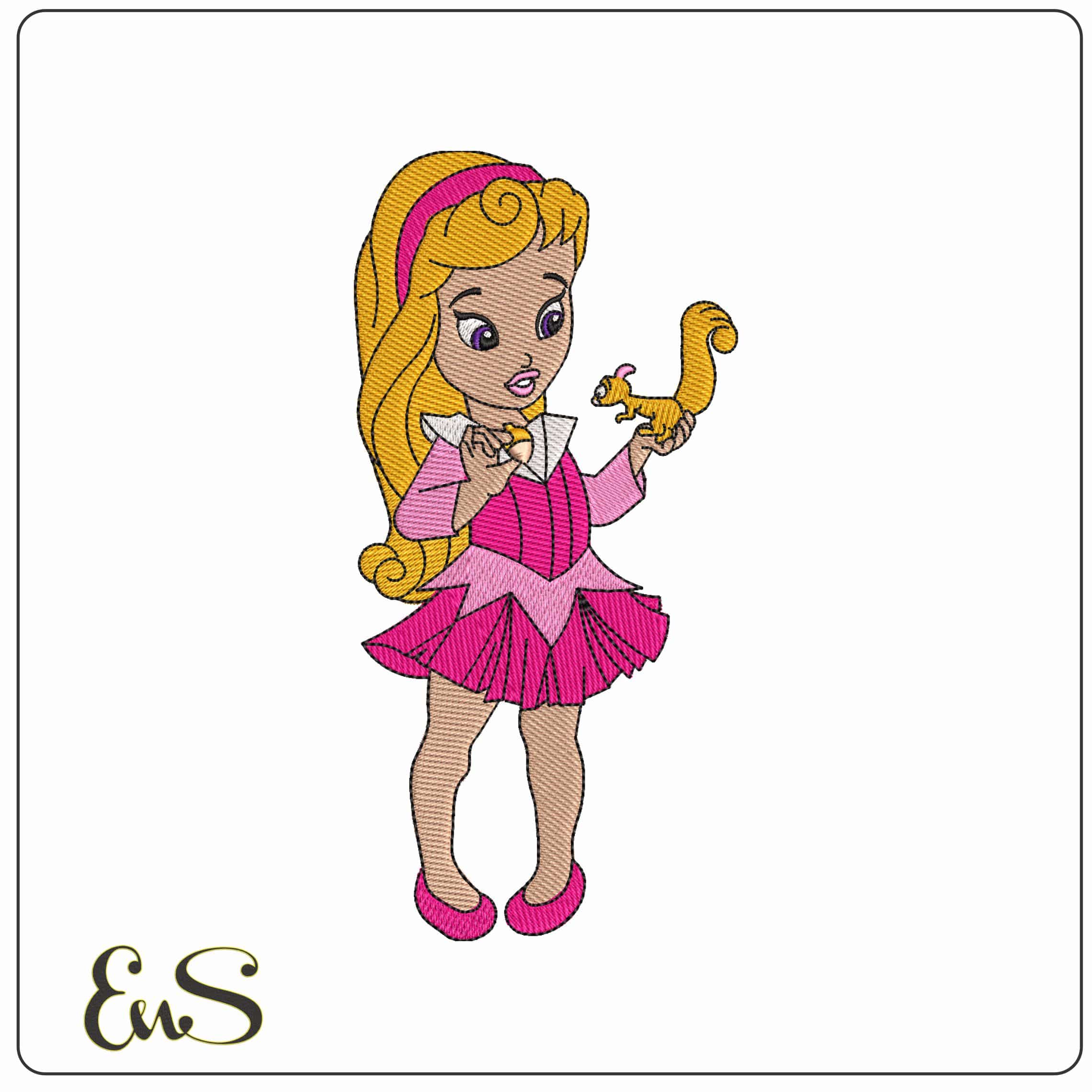 Young Princess Aurora with Squirrel Sleeping Beauty Disney - Elegant embroidery design file-instant download