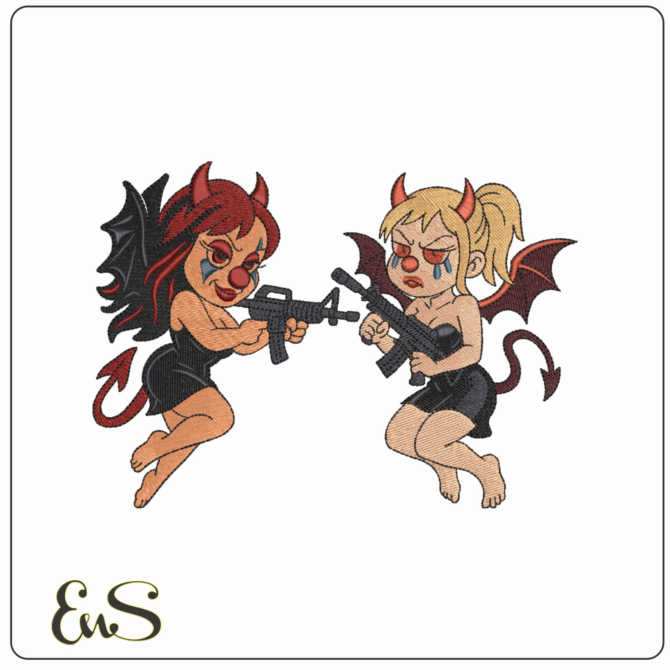 Devil Girls with Machine guns - Elegant embroidery design file-instant download