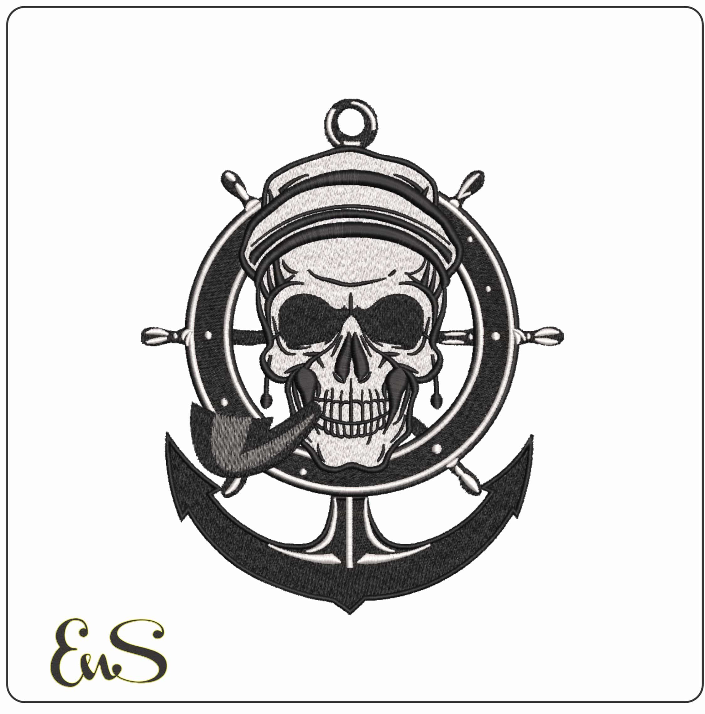 Anchor and Ships wheel with Skull    - Elegant embroidery design file-instant download