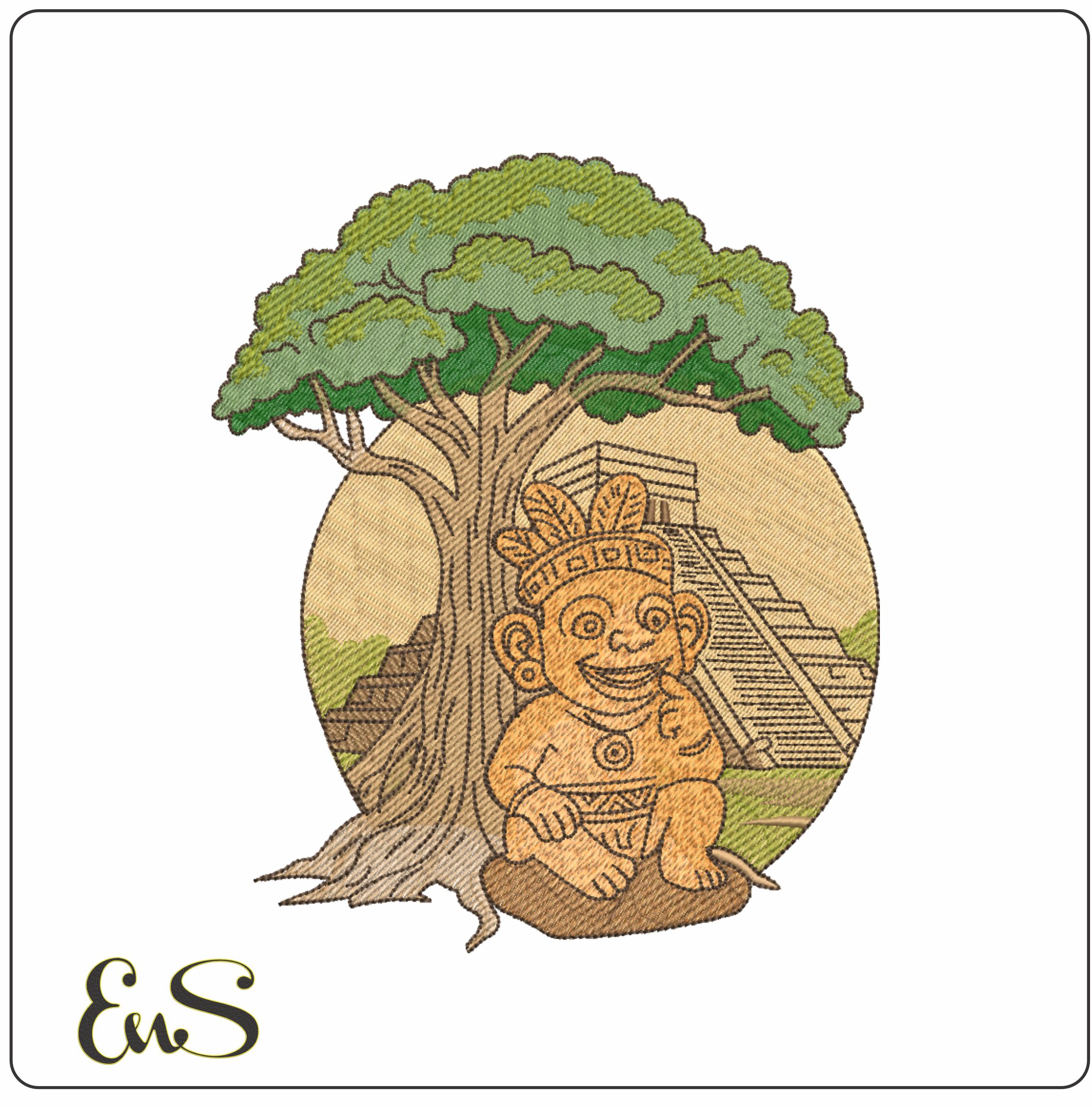 Aztec Pyramid with Symbol and Tree - Elegant embroidery design file-instant download