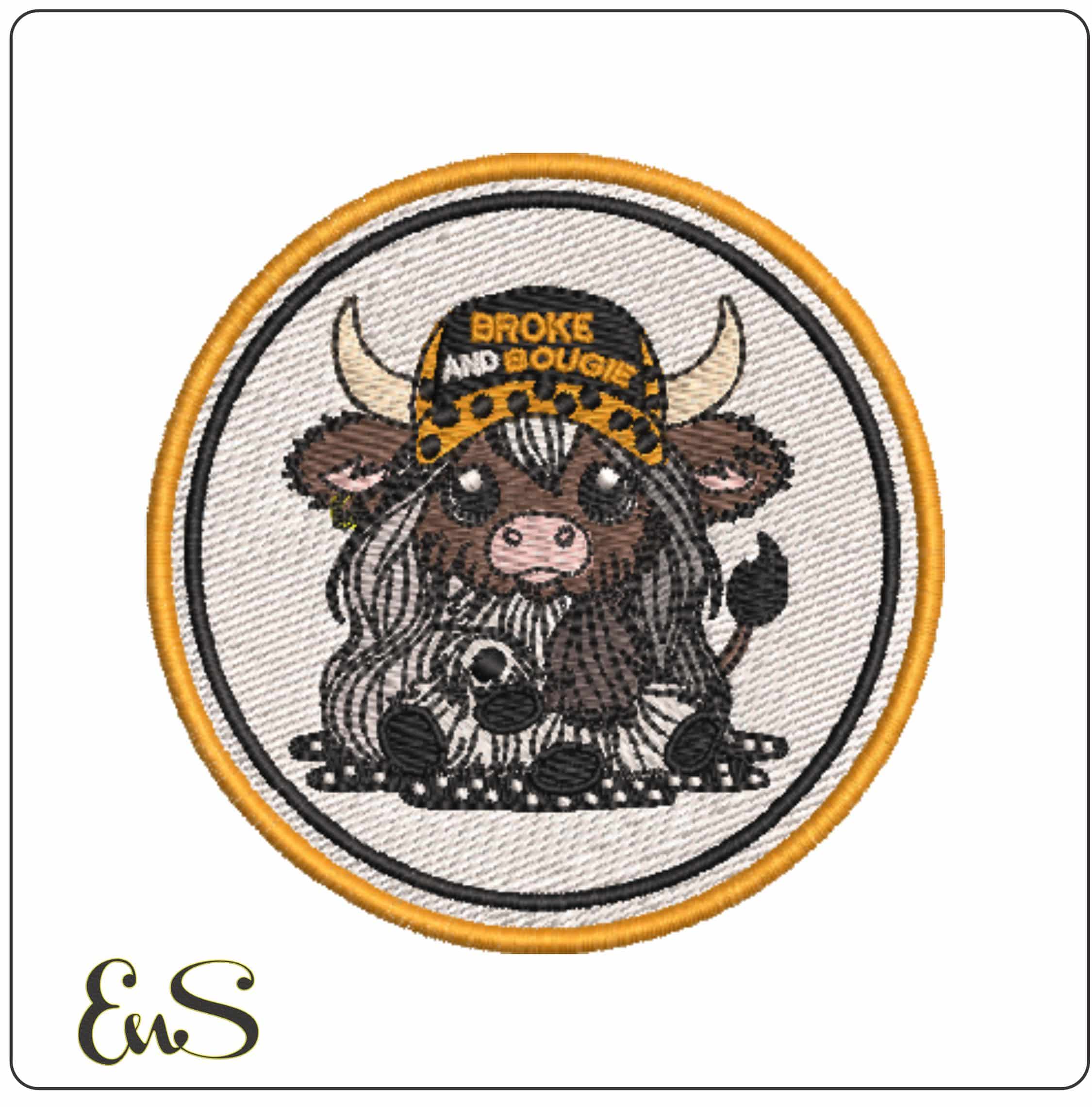 Broke and Bougie Highland Cow Patch - Elegant embroidery design file-instant download