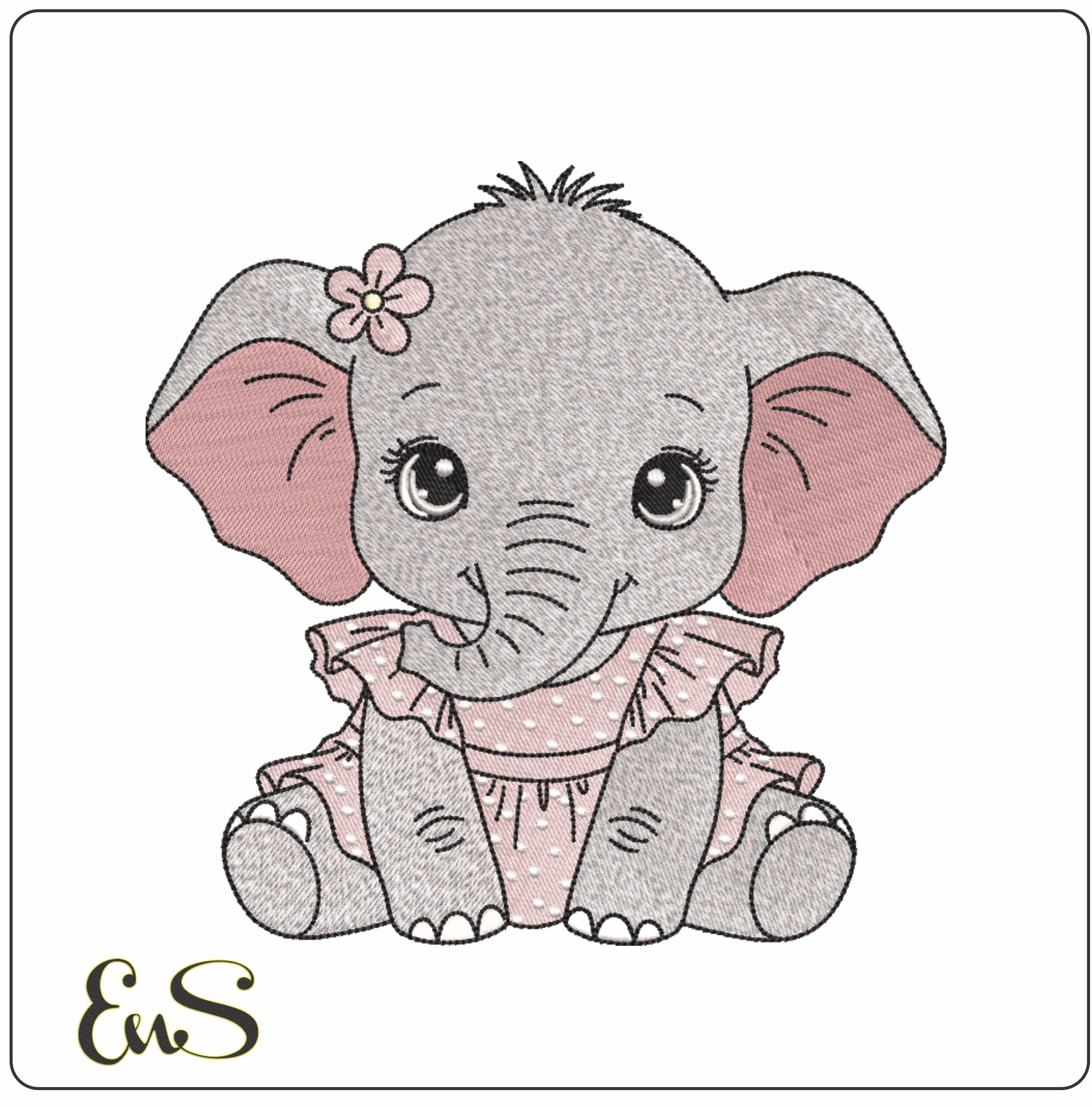 Little Elephant with Dress on Children - Elegant embroidery design file-instant download