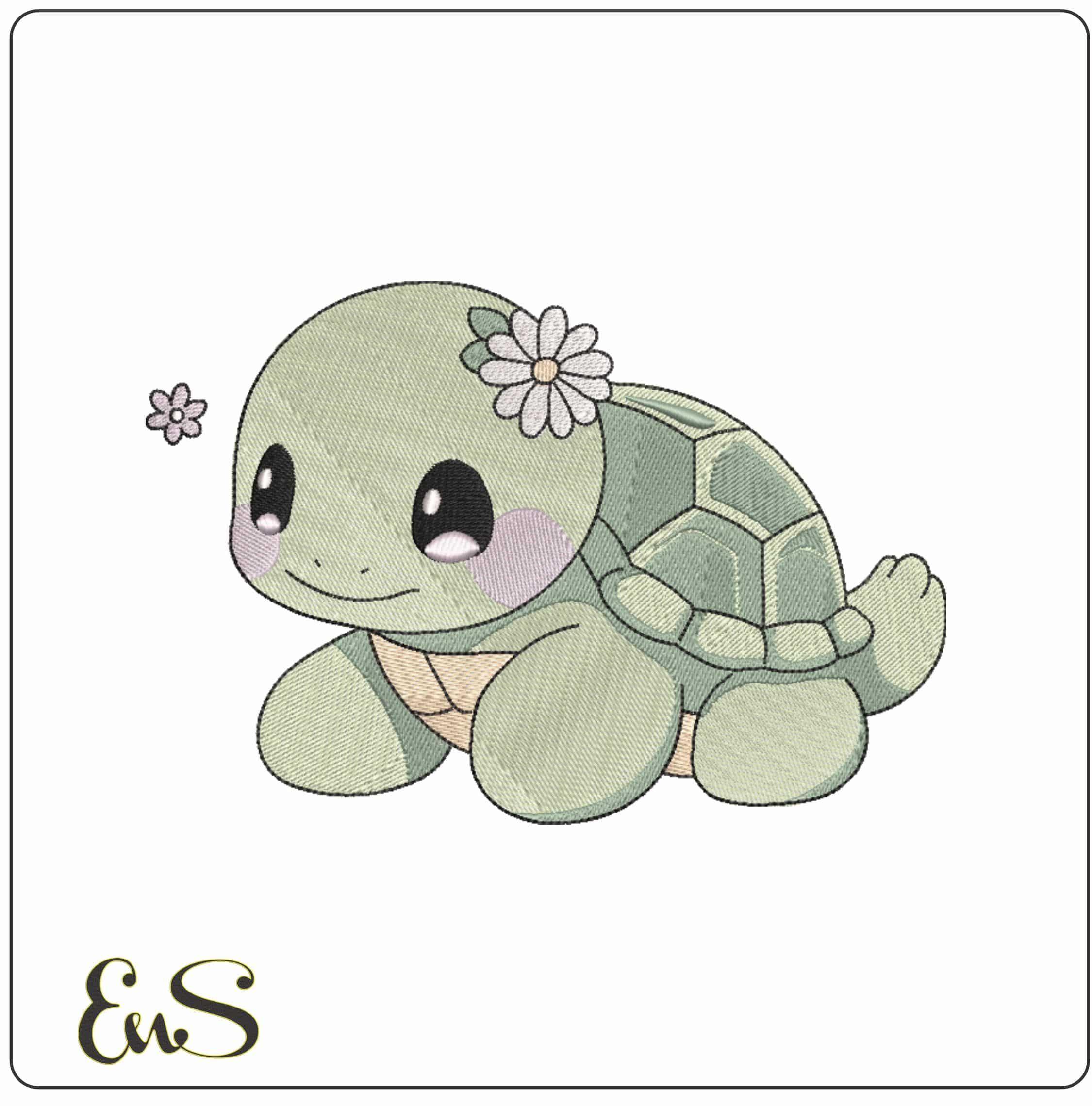Little Turtle with Flower on Head Children - Elegant embroidery design file-instant download