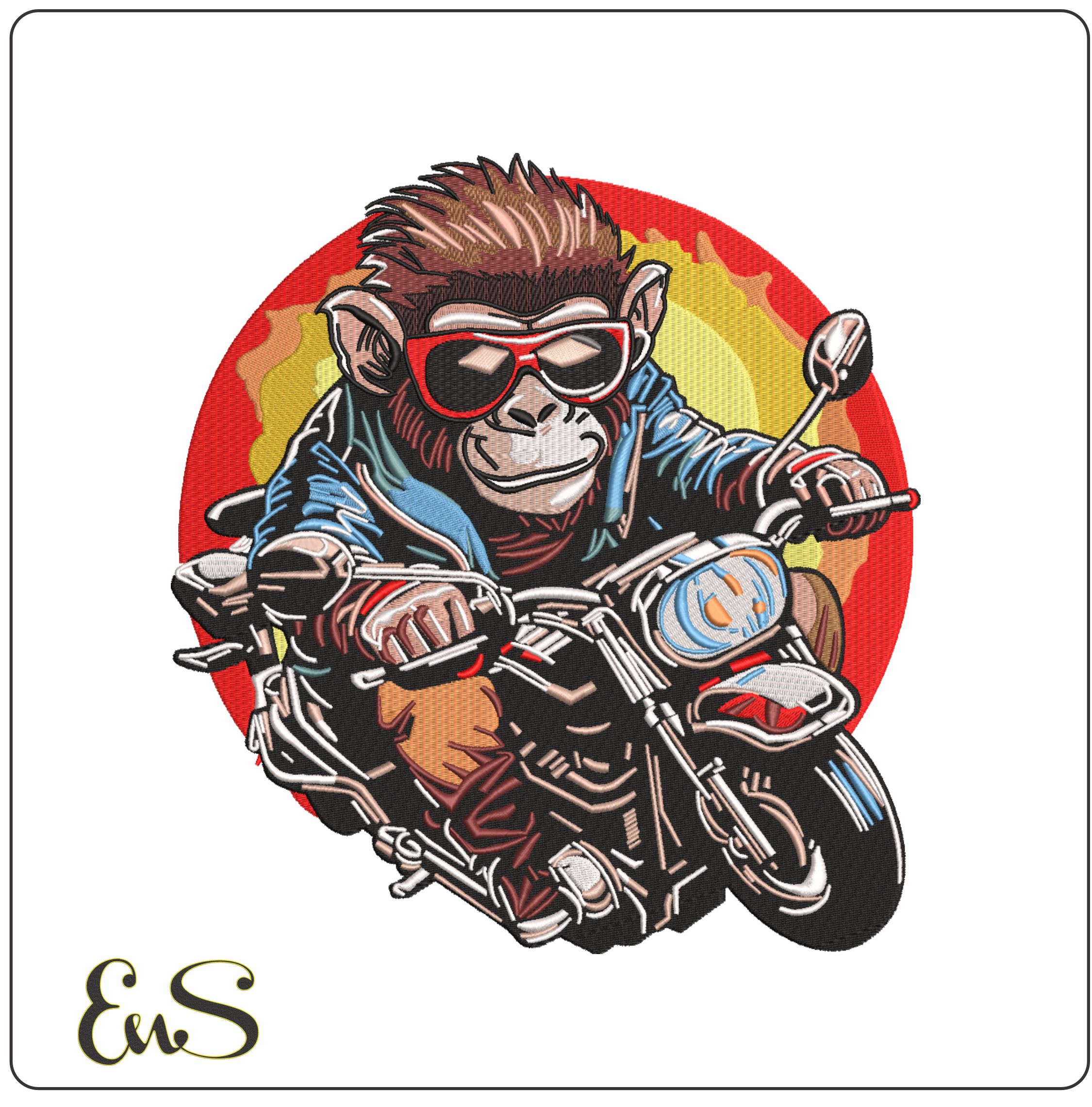 Monkey on a Motorbike Sunset Patch - Elegant embroidery design file-instant download