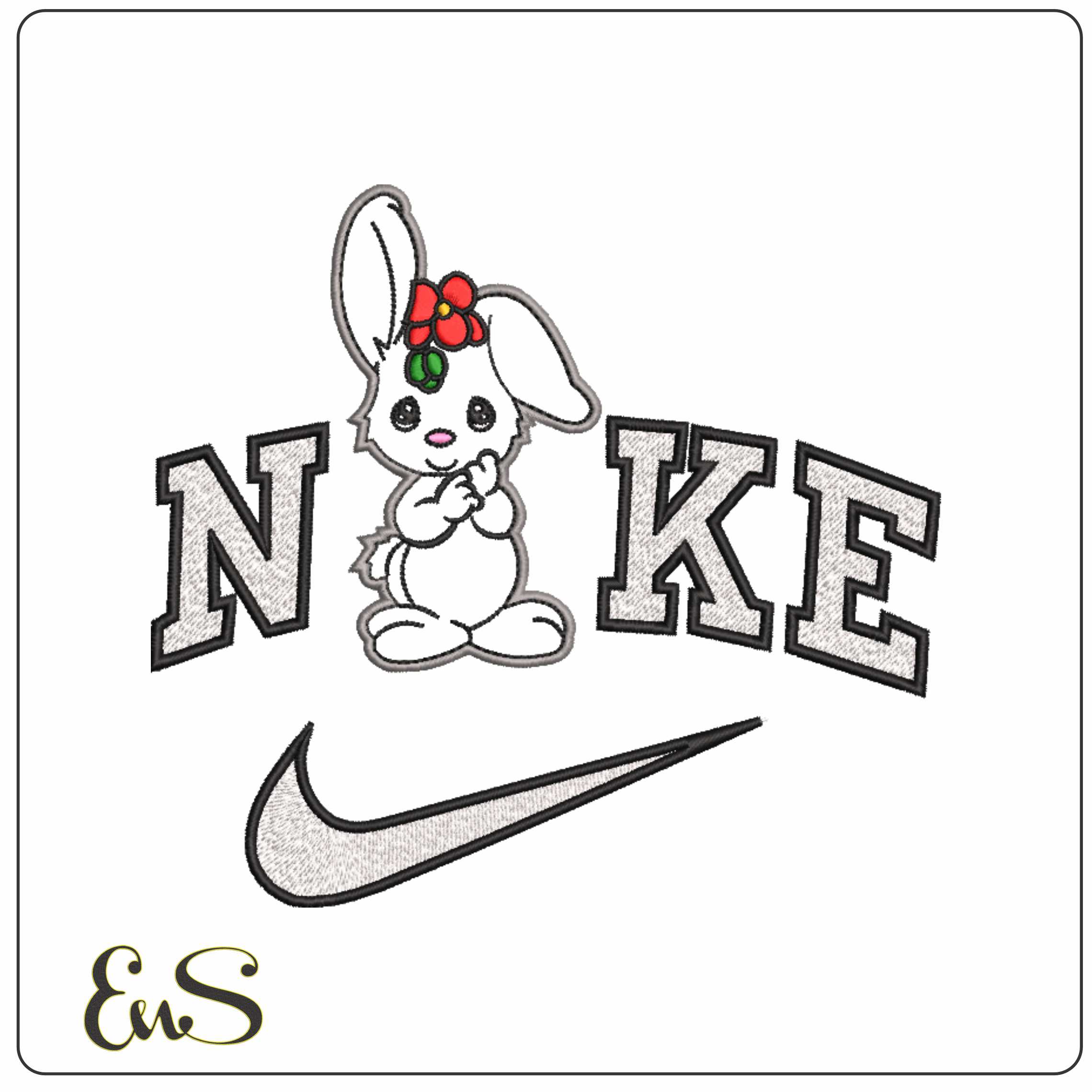 Nike Bunny Rabbit outline with Flower Children - Elegant embroidery design file-instant download