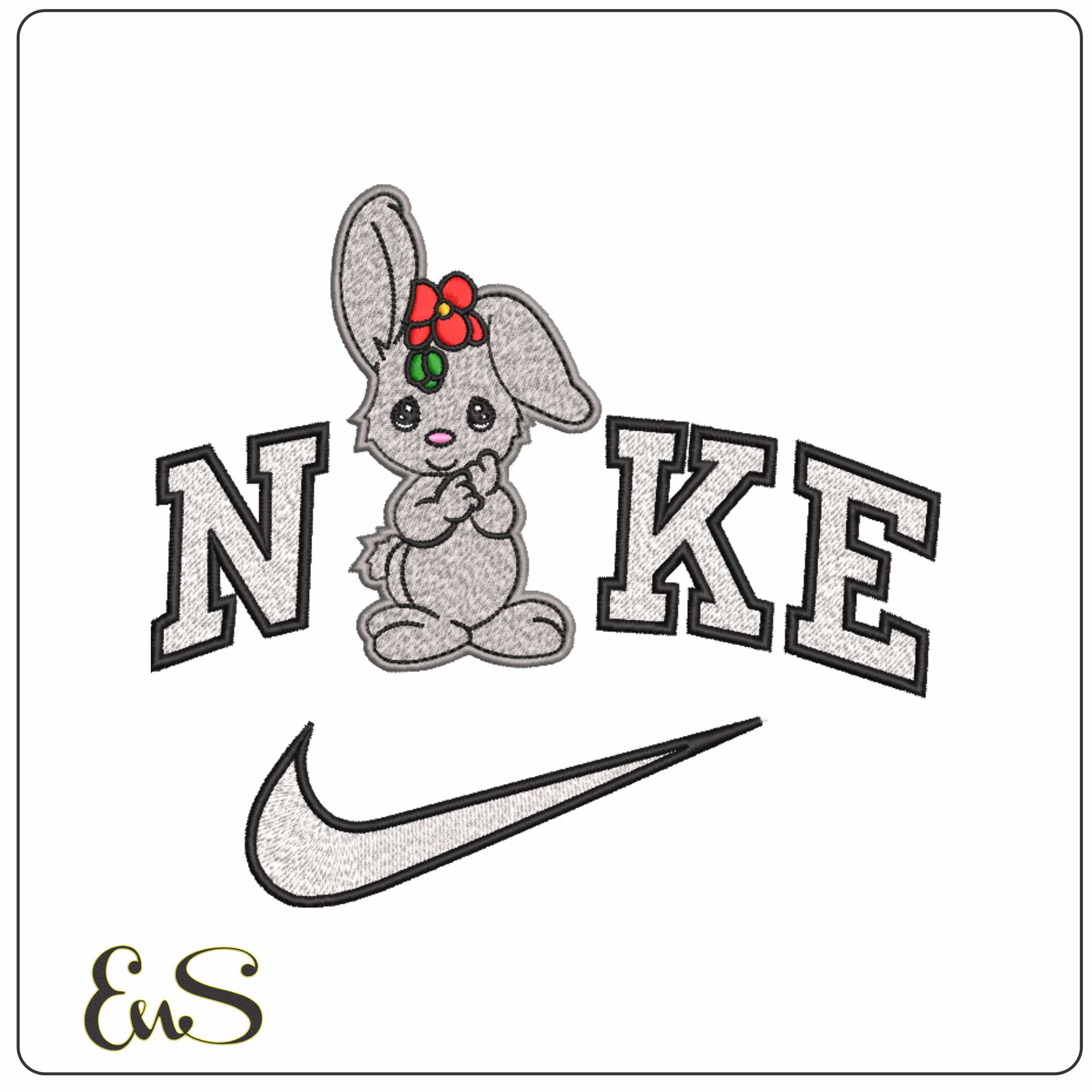 Nike Bunny Rabbit with Flower Children    - Elegant embroidery design file-instant download