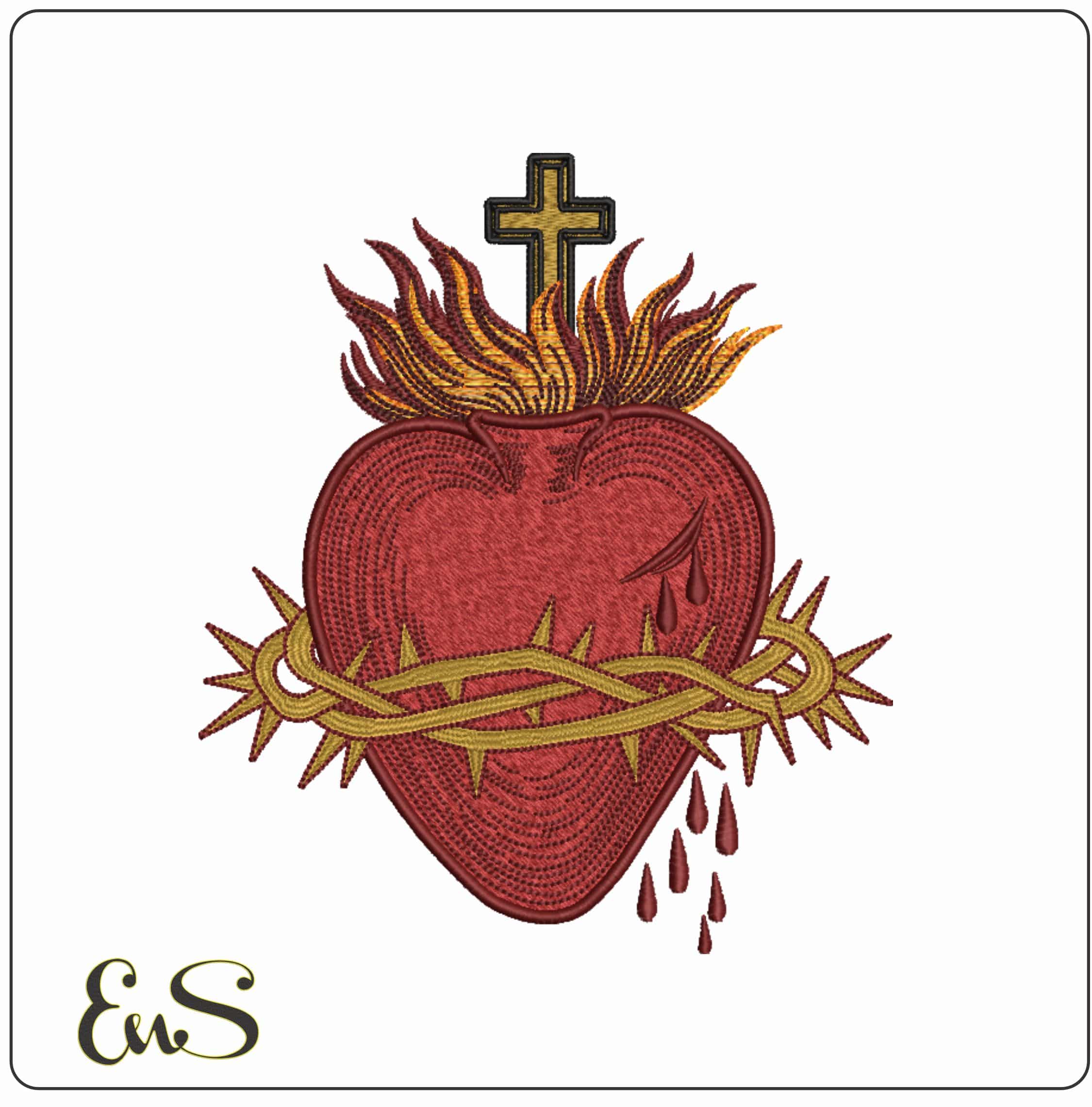 Flaming Heart with Cross and Crown of Thorns  - Elegant embroidery design file-instant download