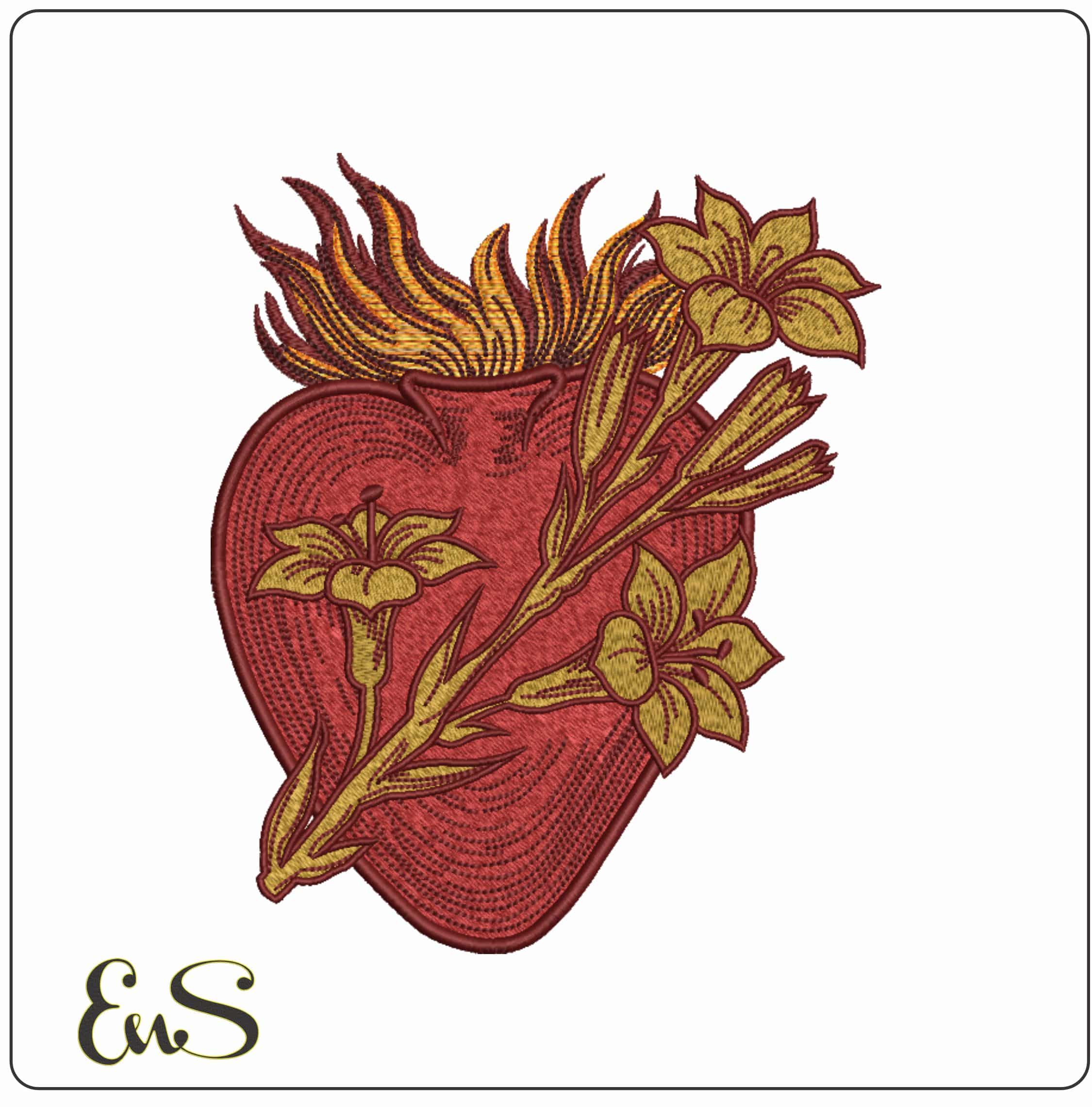 Flaming Heart with Lily Flowers  - Elegant embroidery design file-instant download