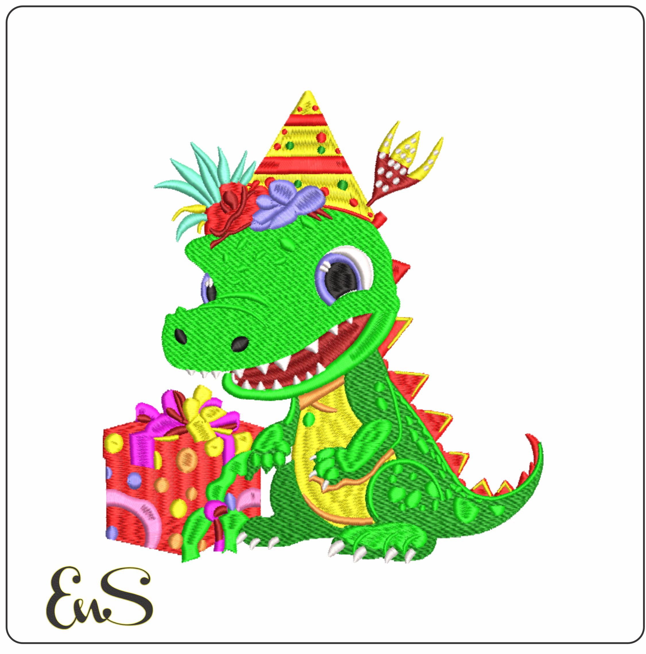 Dragon Christmas with Present Large- embroidery file - instant download in a frame