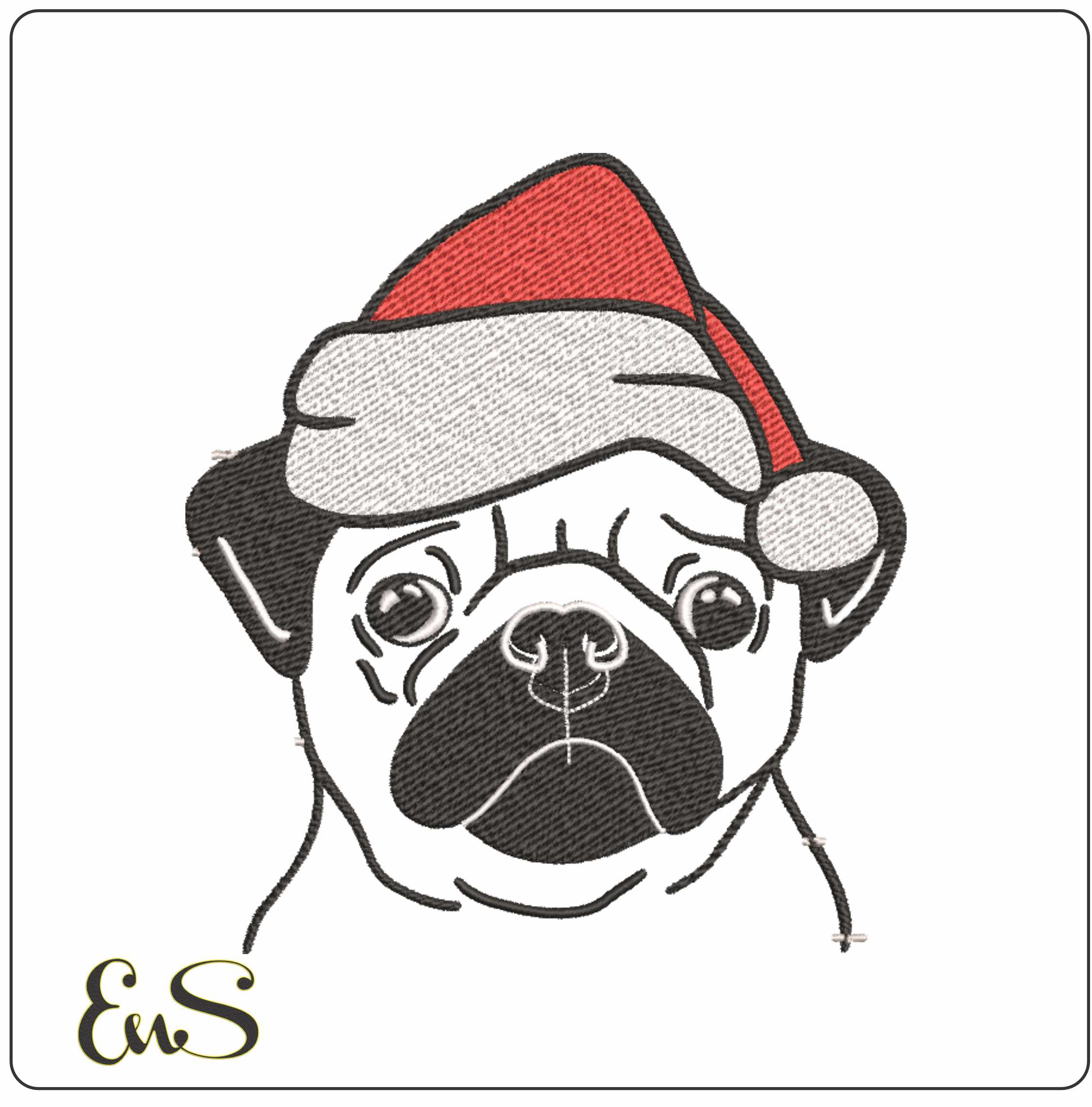 Pug Christmas Hat Embroidery File - instant download in a frame