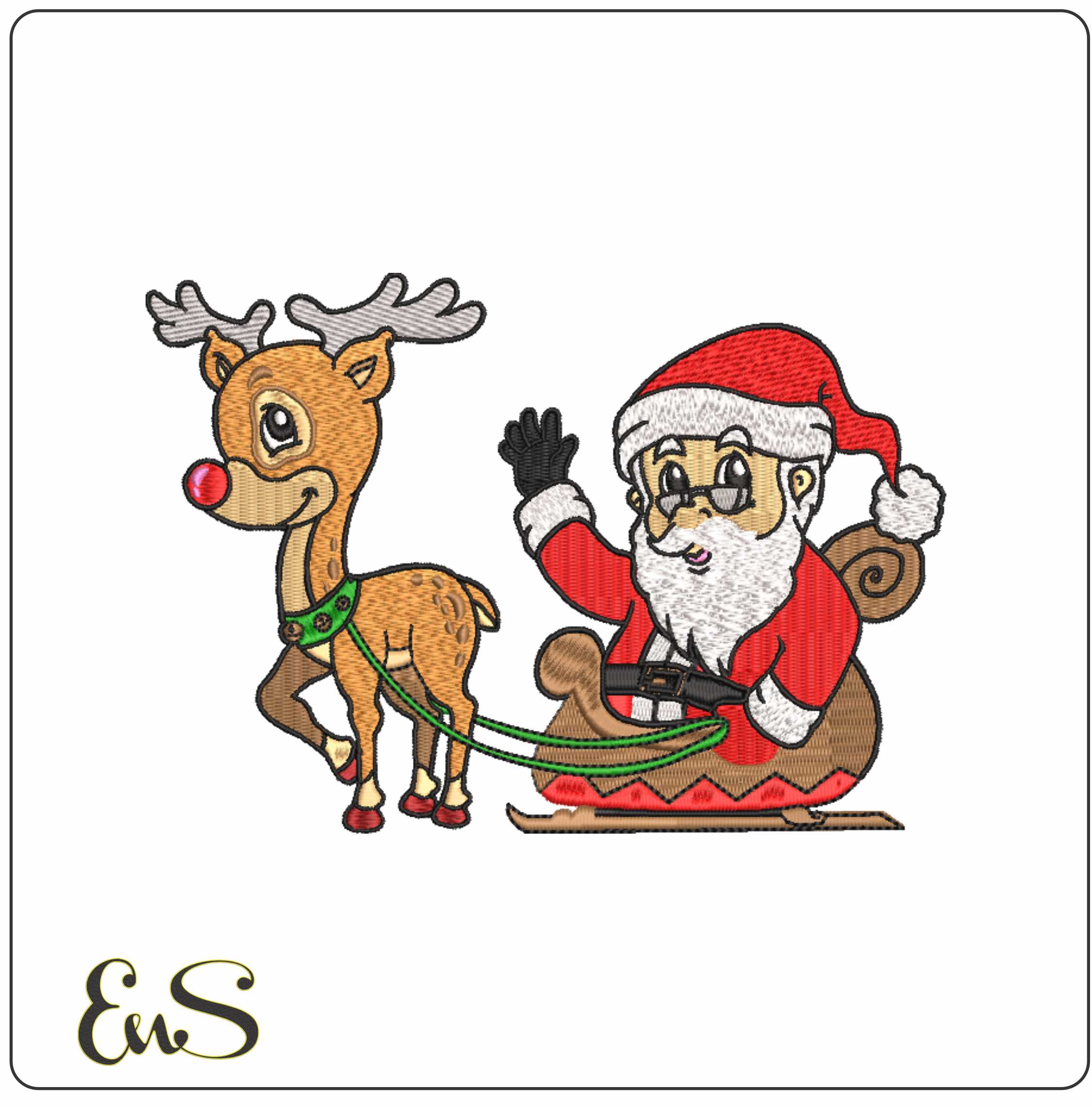 Santa & Reindeer Christmas Large- embroidery file - instant download in a frame