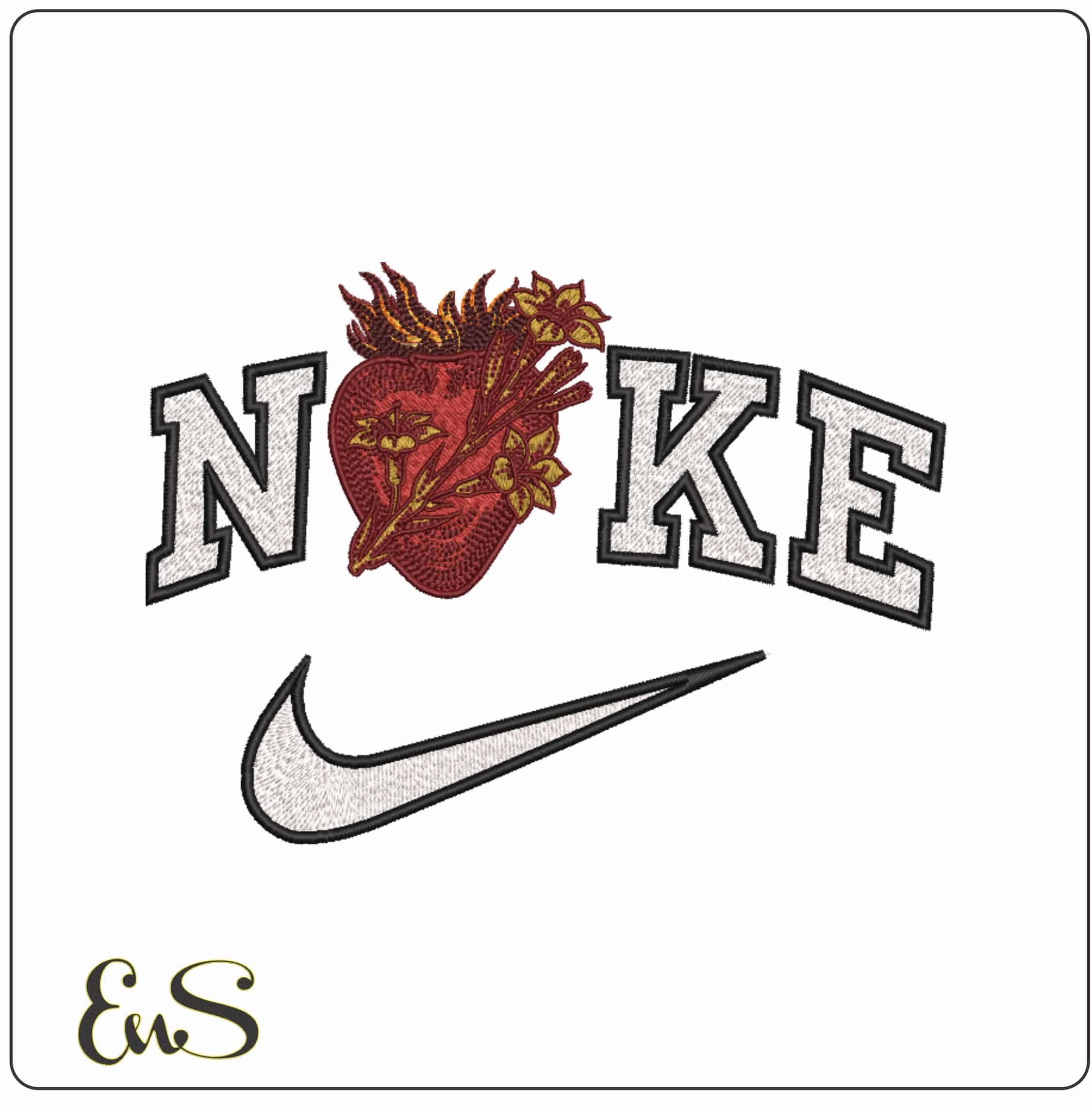 Nike Flaming Heart with Lily Flowers - Elegant embroidery design file-instant download