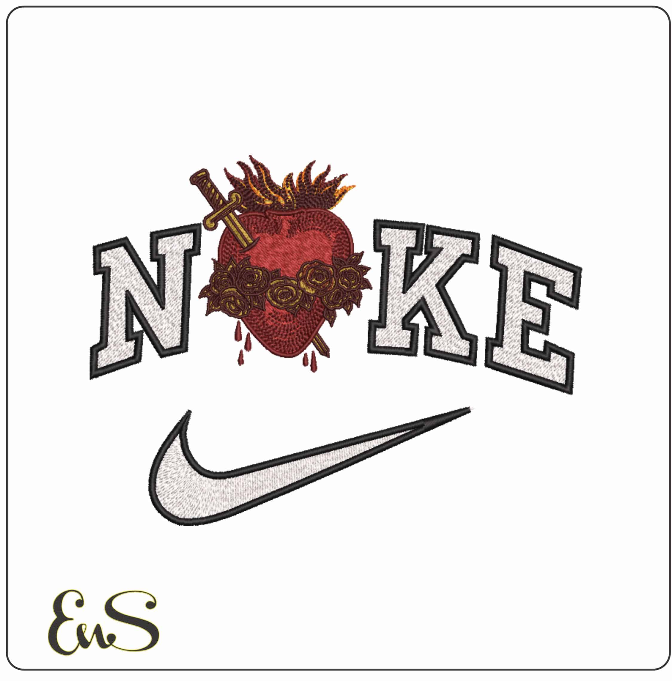 Nike Flaming Heart with Roses and Sword - Elegant embroidery design file-instant download