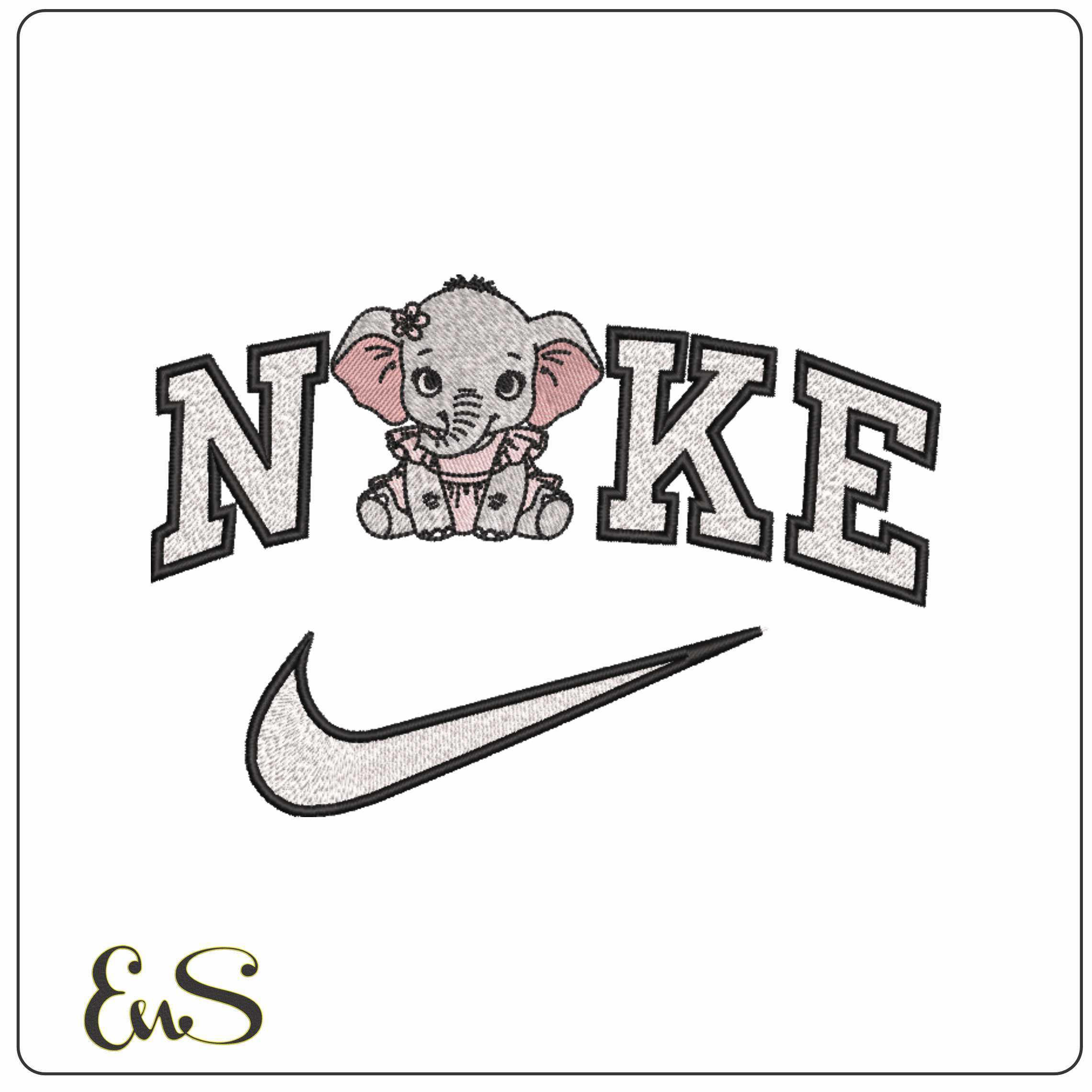 Nike Little Elephant with Dress on Children - Elegant embroidery design file-instant download