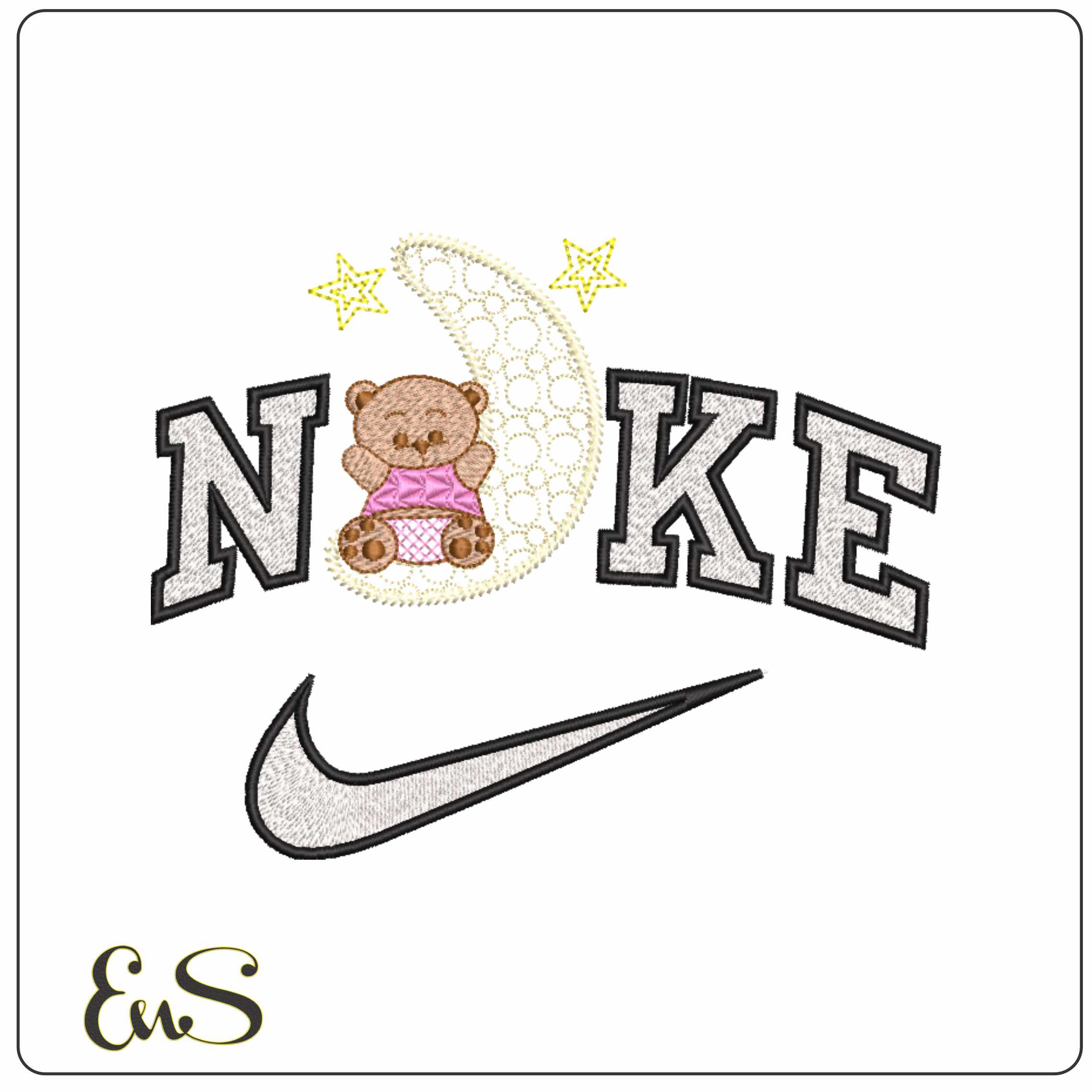 Nike Teddy sitting on the Moon with Star - Elegant embroidery design file-instant download