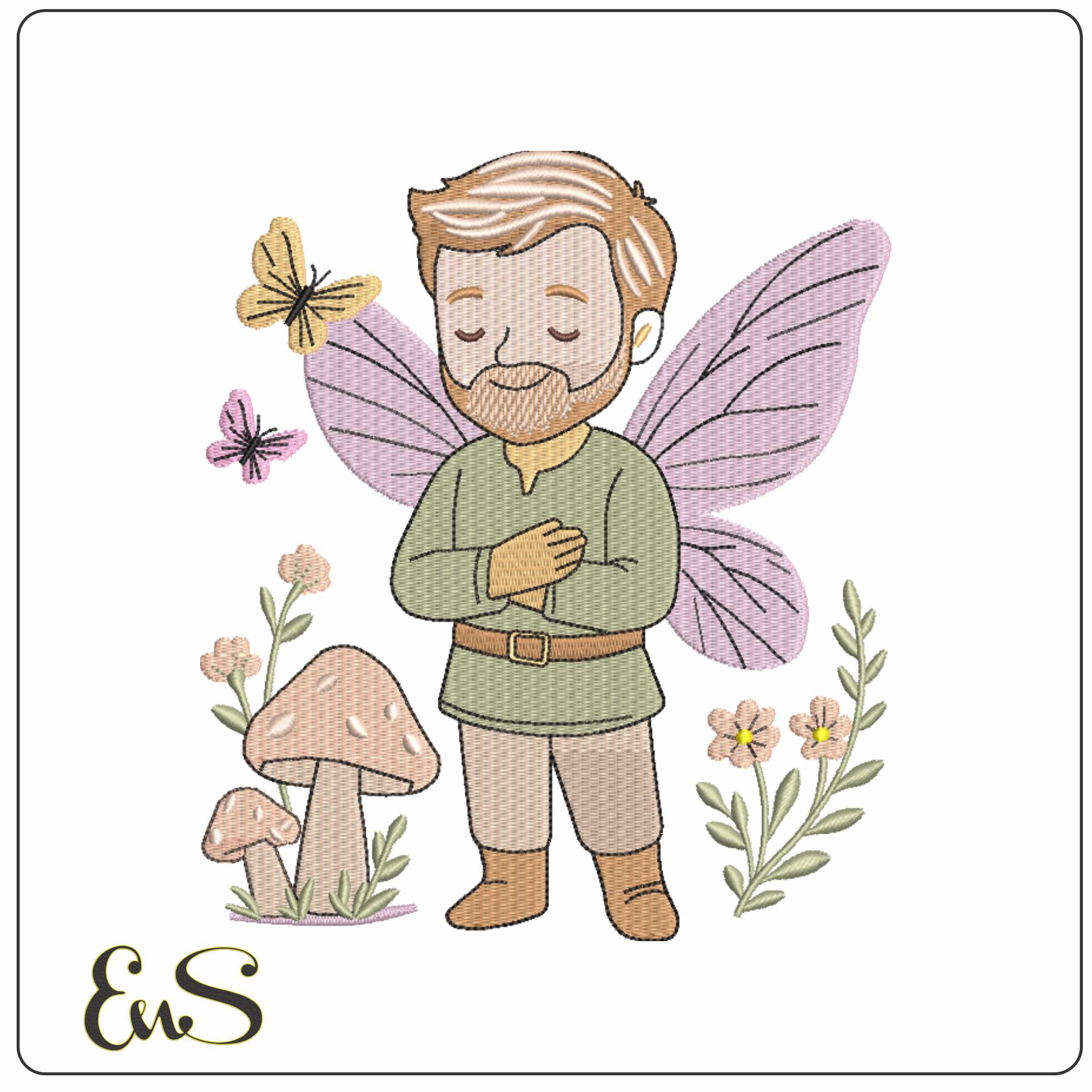Papa Fairy with toadstools and Flowers - Elegant embroidery design file-instant download