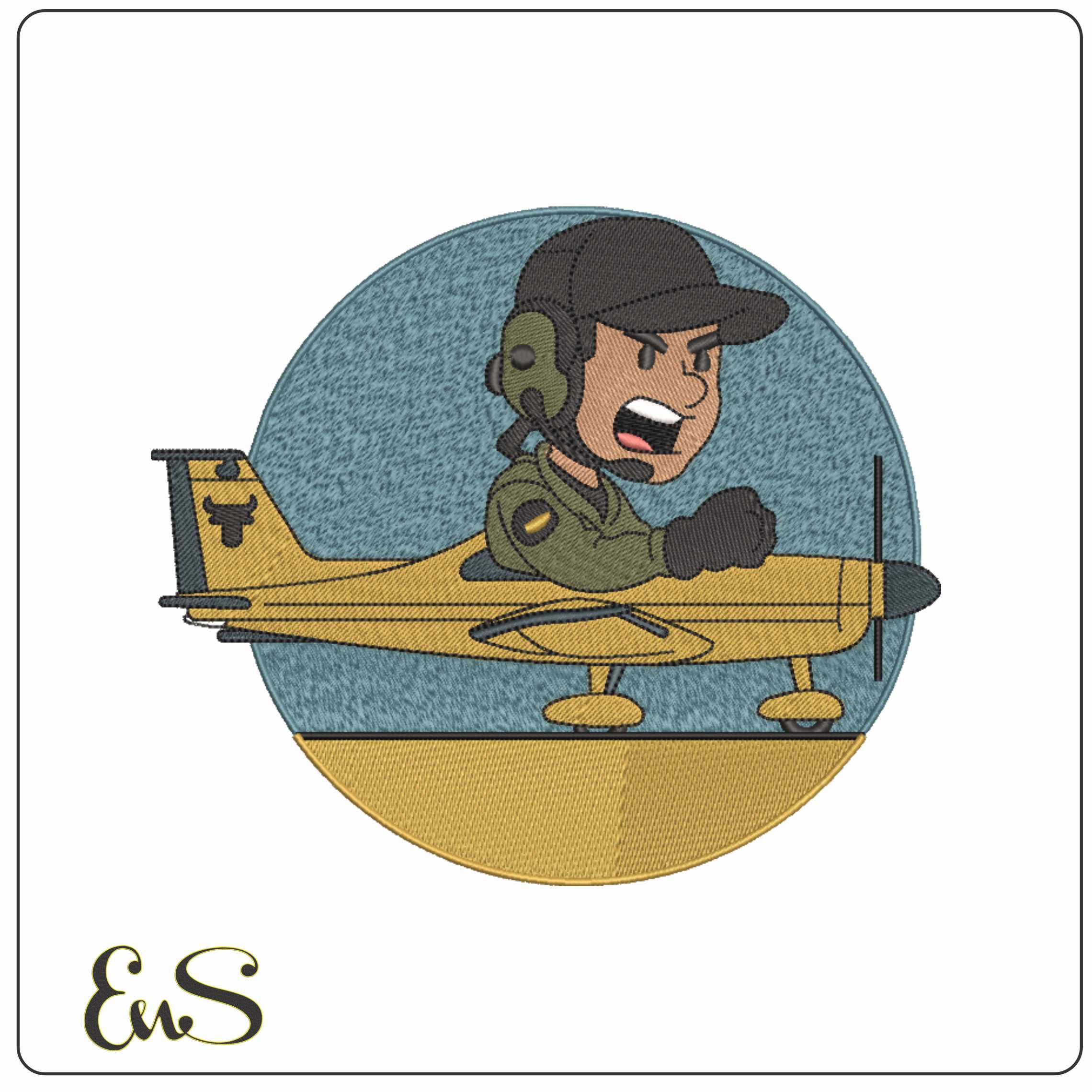 Pilot in plane with land and Sky - Elegant embroidery design file-instant download