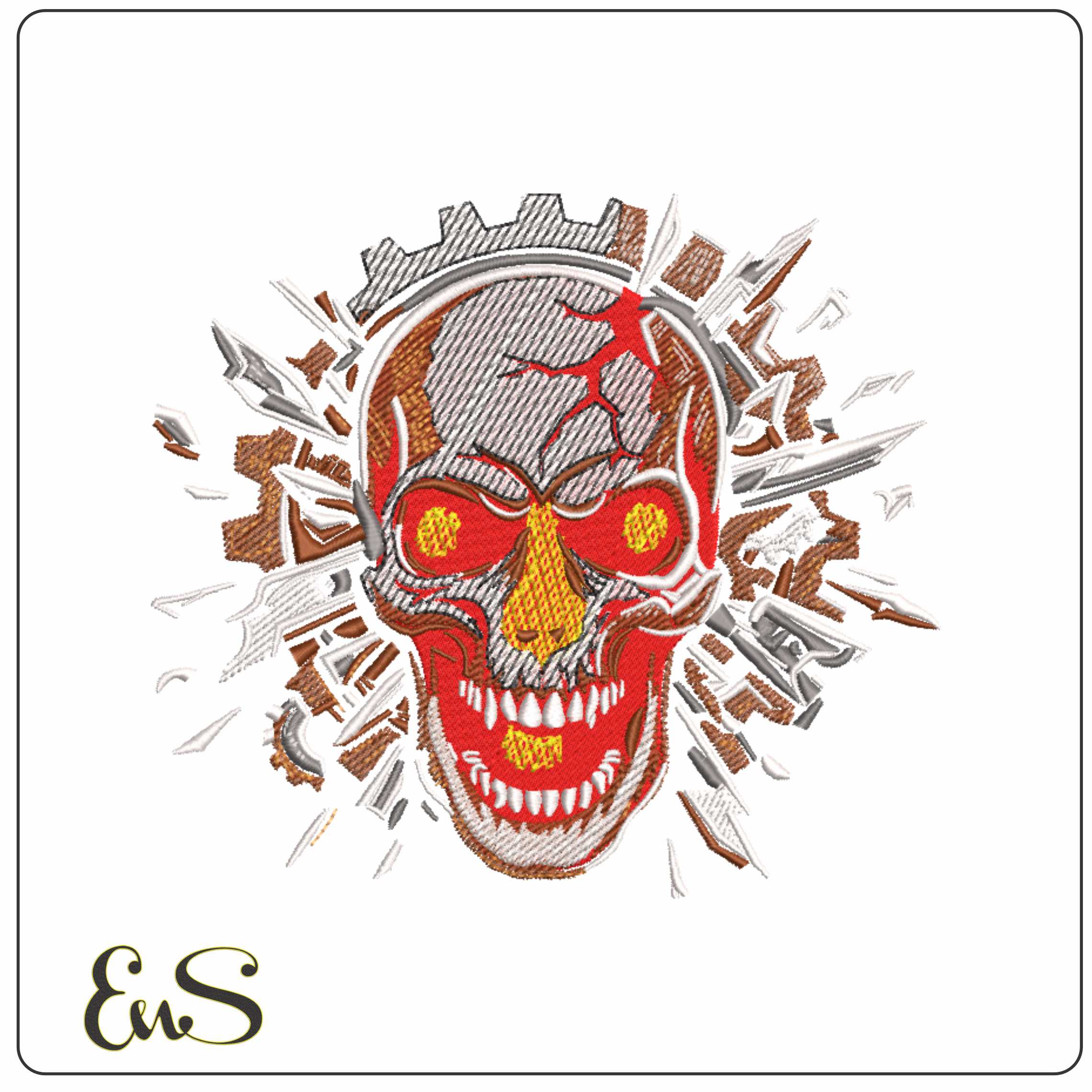 Skull with Glass breaking red underlay - Elegant embroidery design file-instant download