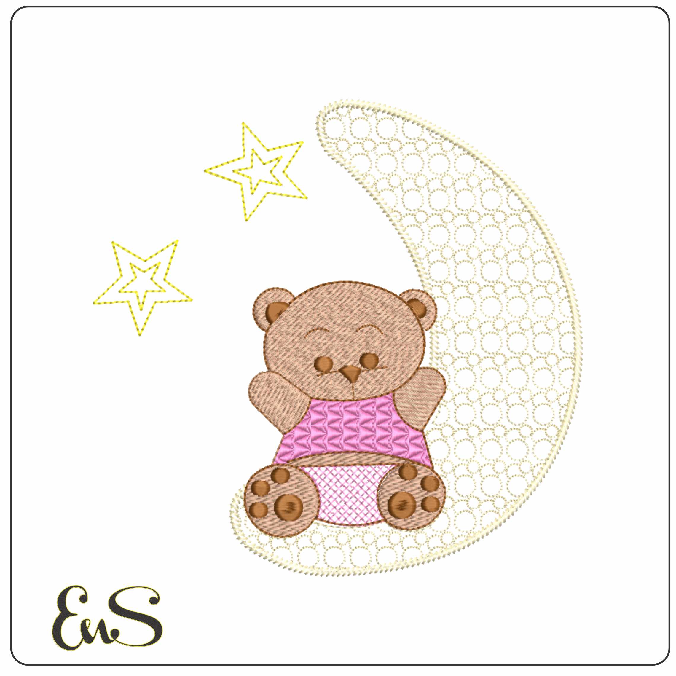 Teddy sitting on the Moon with Star  - Elegant embroidery design file-instant download