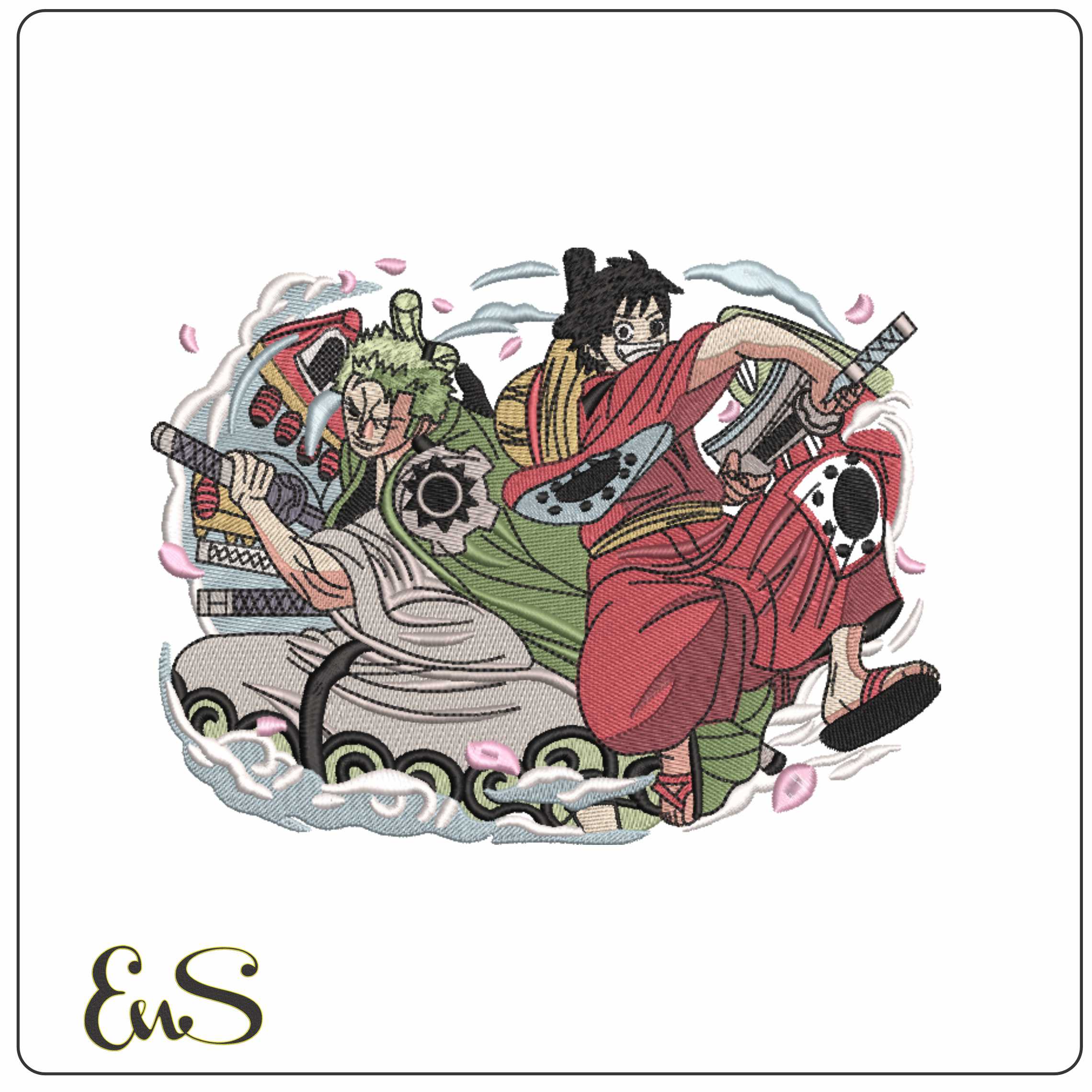 Zoro and Luffy One Piece - Elegant embroidery design file-instant download