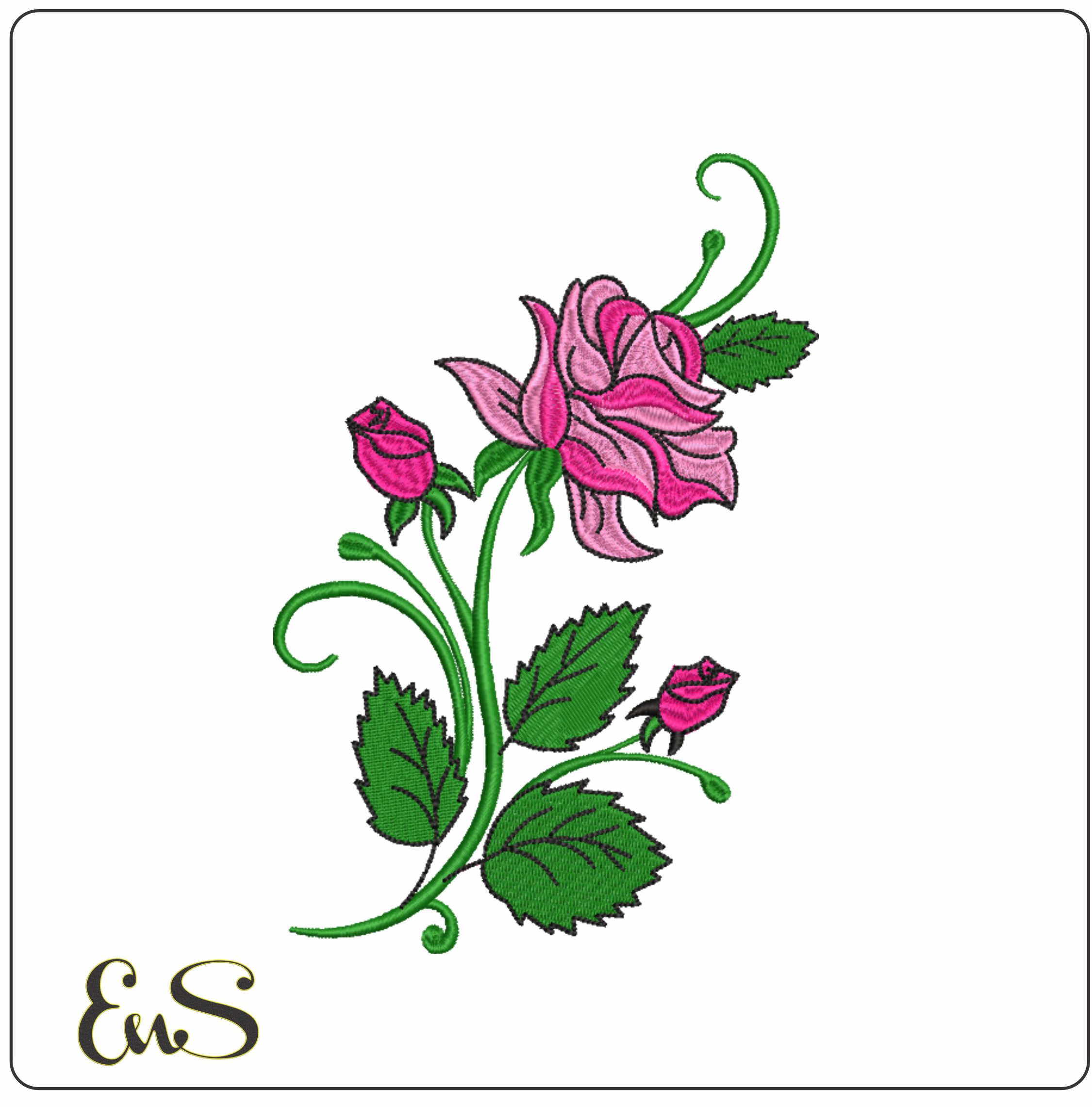 Pink Rose Stem And 2 Buds