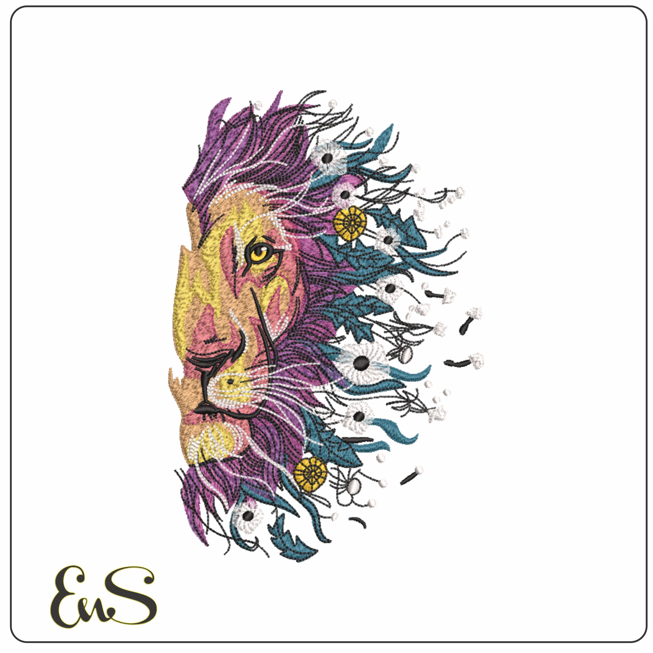 Lion Half Head With Flowers Stylised