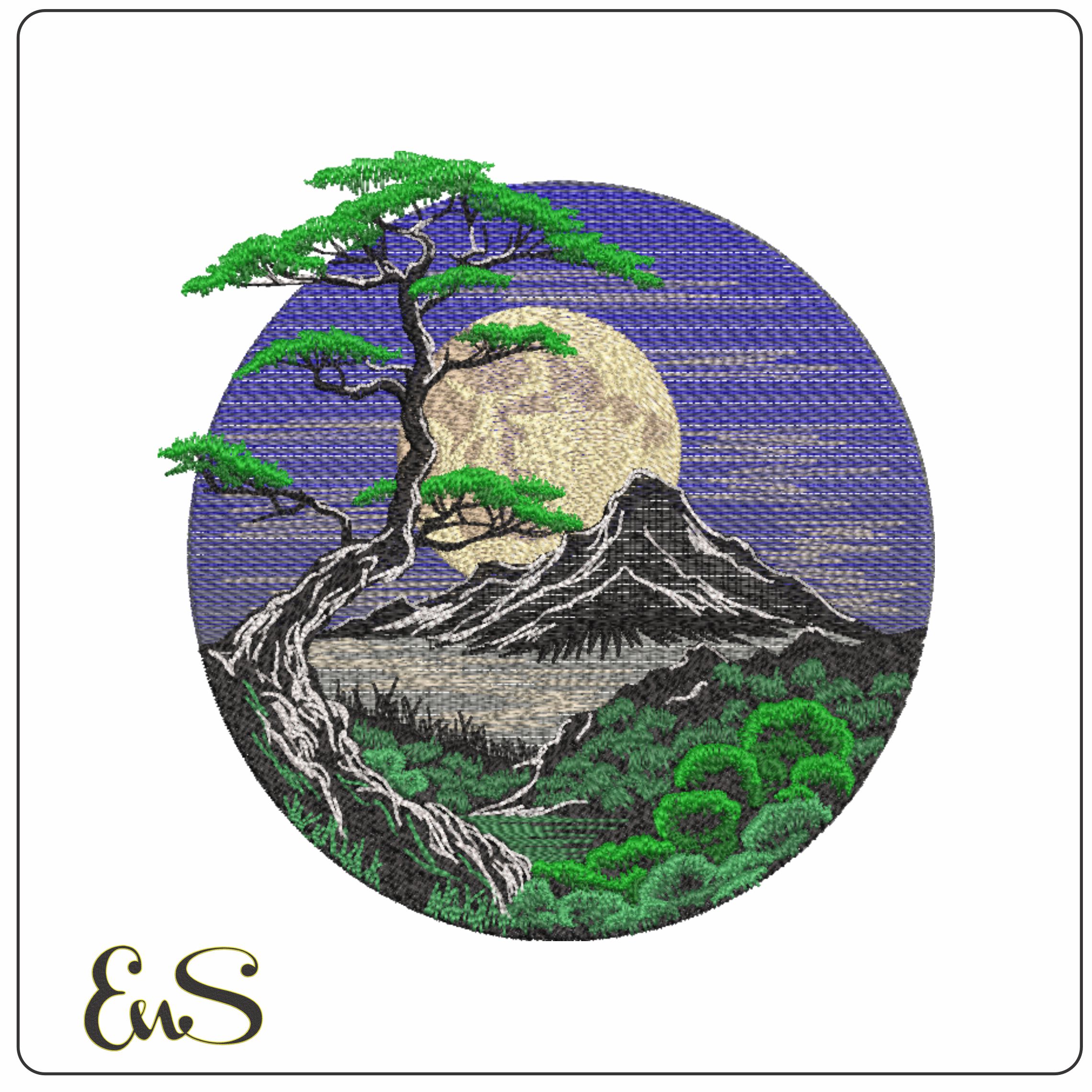 Japenese Color Moon And Mount Fuji