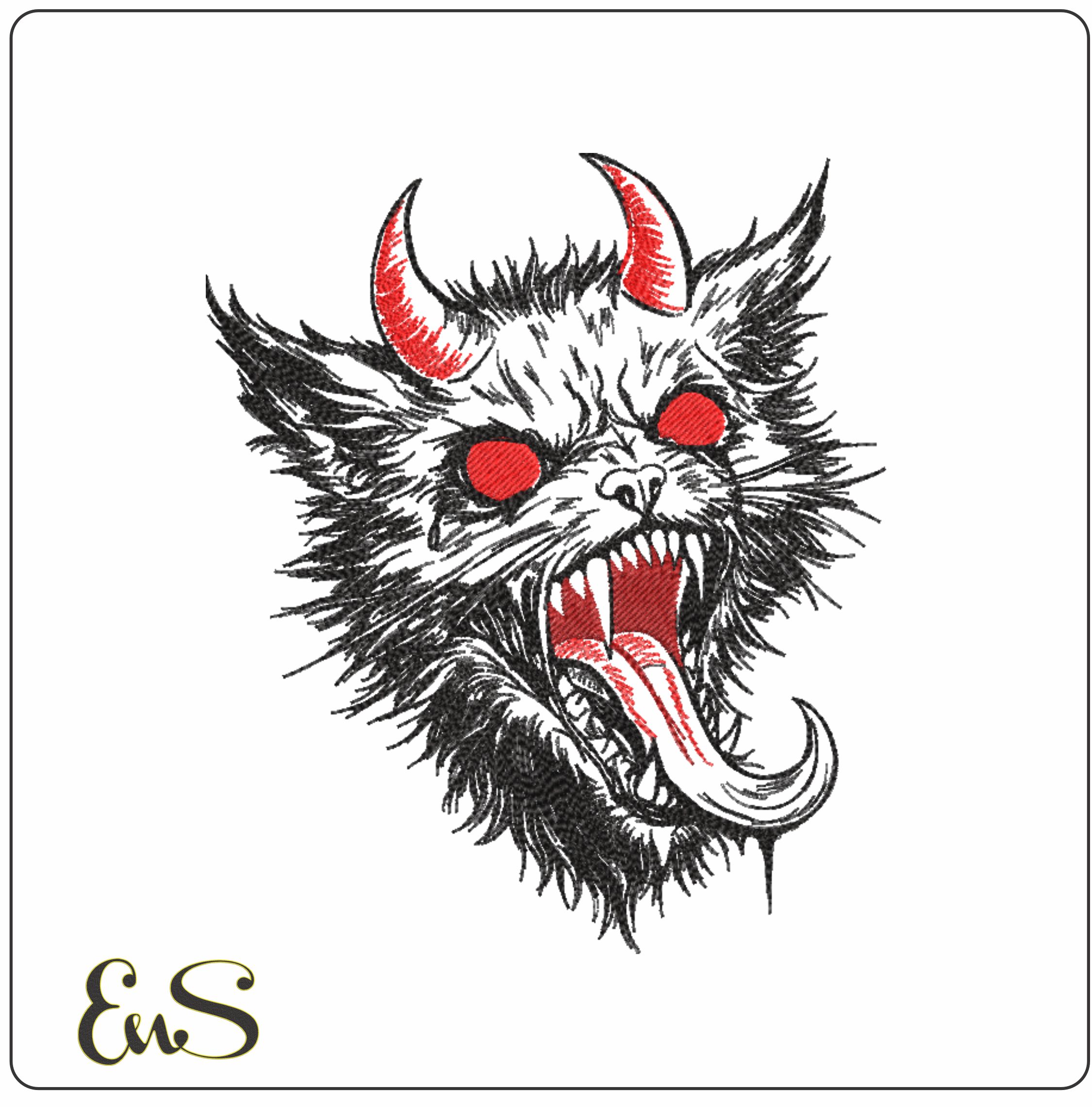 Demon Cat Red Eyes Line Art