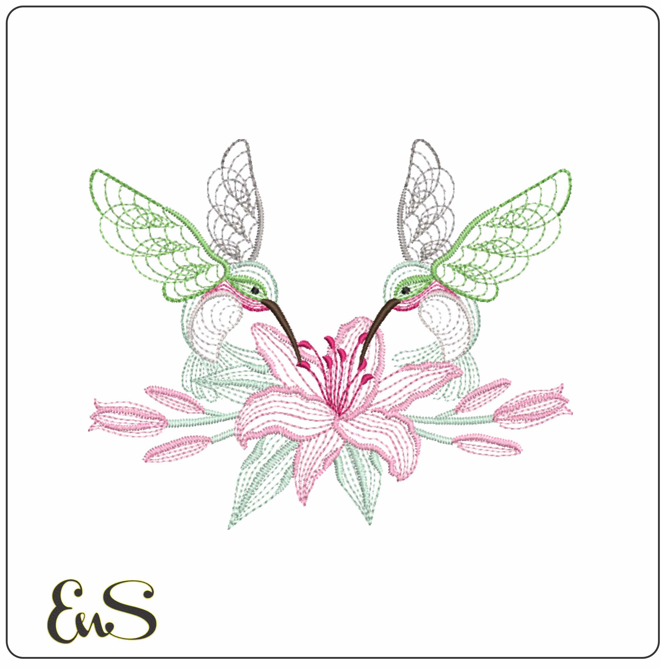 2 Humming Bird Above Single Flowers Line Art
