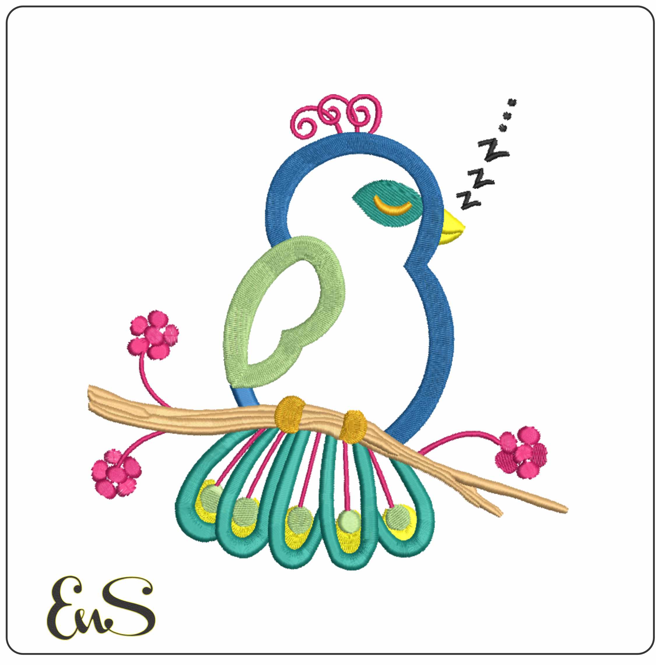 Applique Peacock Sleeping On Branch