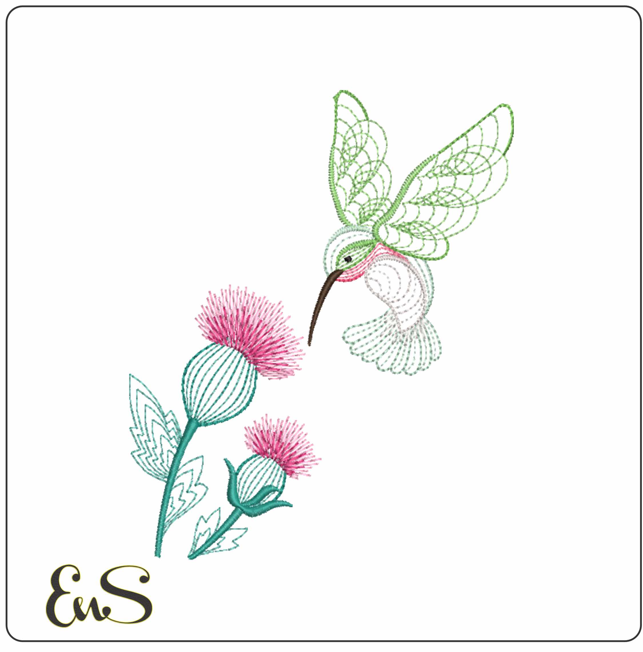 Humming Bird Above Thistle Line Art